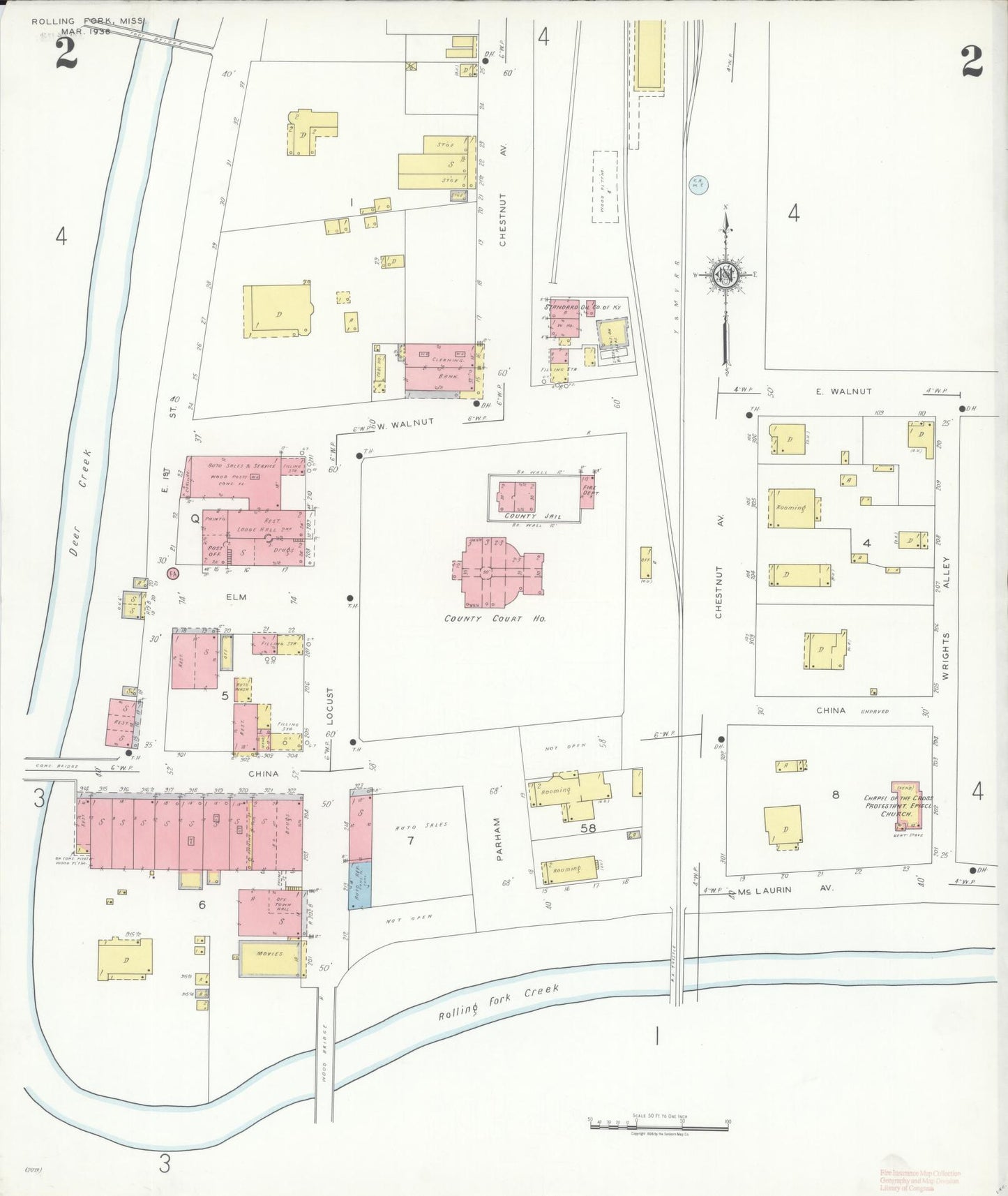 Sanborn Fire Insurance Map from Rolling Fork, Sharkey County, Mississippi (1936), Sheet #0002 - Historic Sanborn Fire Insurance Map Print, vintage old map wall art, antique decor, genealogy gift, Mississippi Mississippi map