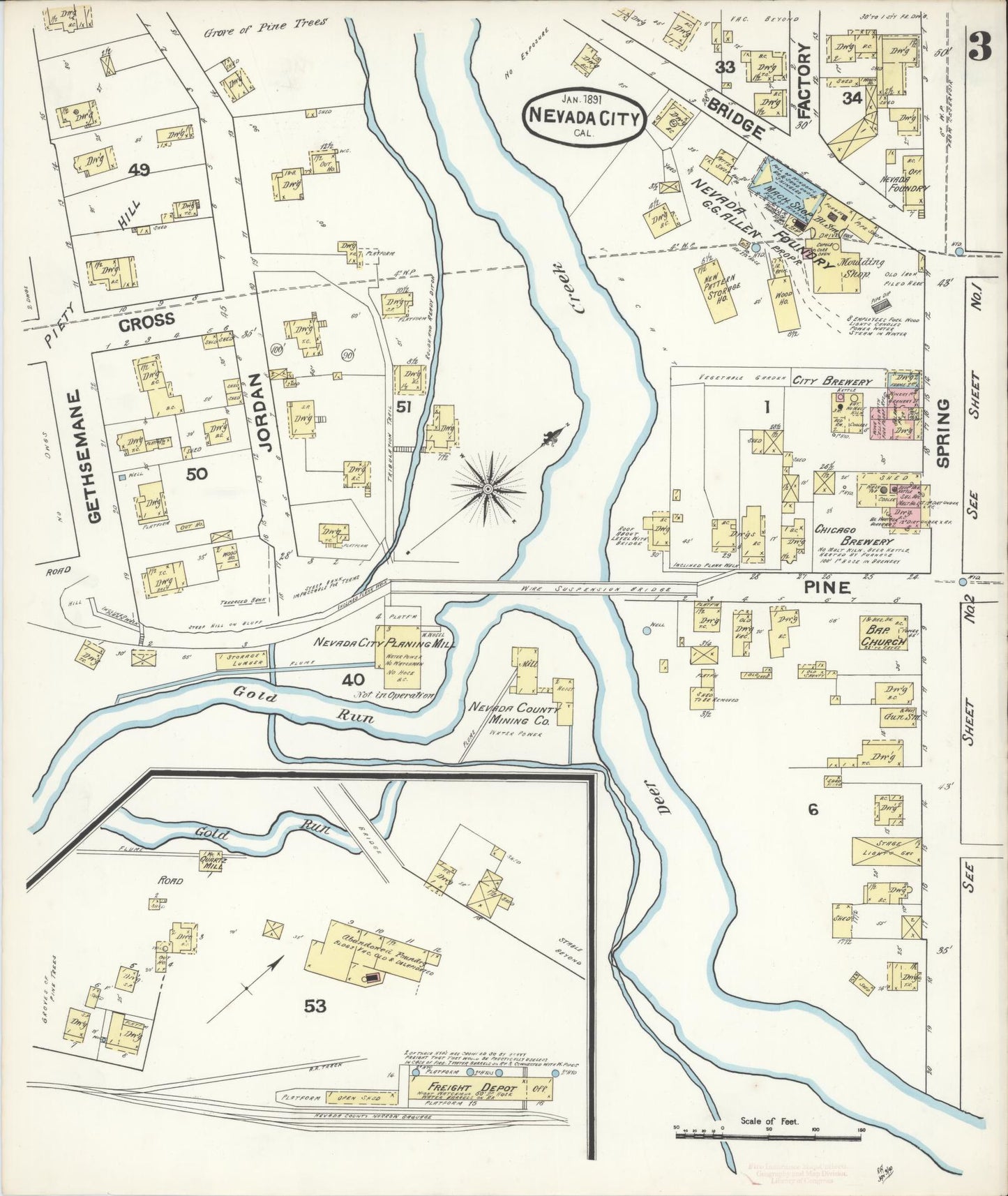 Sanborn Fire Insurance Map from Nevada City, Nevada County, California (1891), Sheet #0003 - Complete Map Set gallery image, historic Sanborn map, vintage wall art, Nevada City Nevada