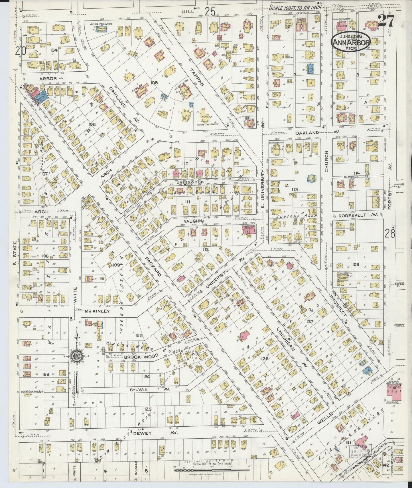 Sanborn Fire Insurance Map from Ann Arbor, Washtenaw County, Michigan (1916), Sheet #0027 - Historic Sanborn Fire Insurance Map Print, vintage old map wall art, antique decor, genealogy gift, Michigan Michigan map