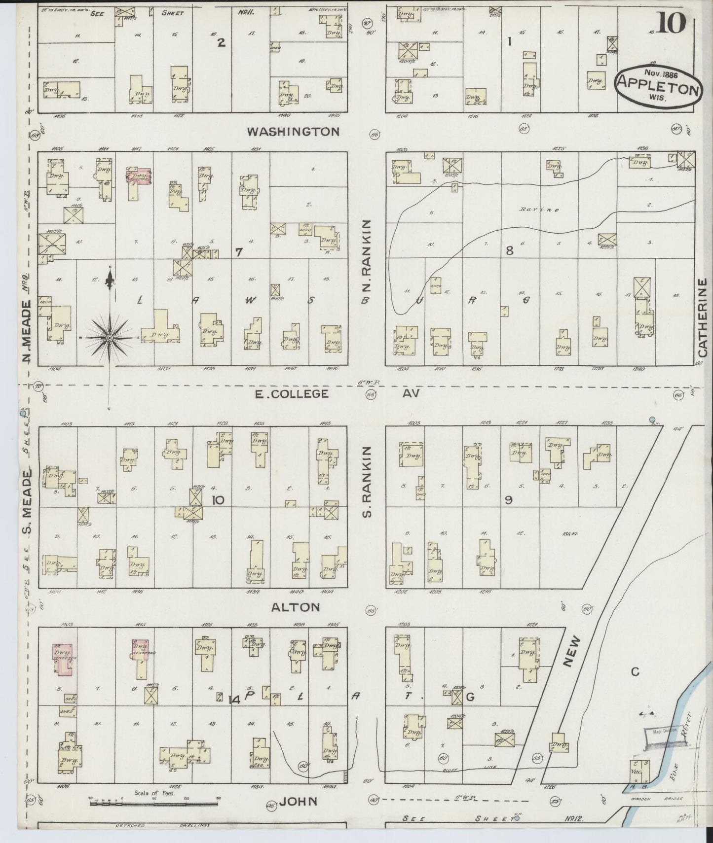 Sanborn Fire Insurance Map from Appleton, Outagamie County, Wisconsin (1886), Sheet #0010 - Historic Sanborn Fire Insurance Map Print, vintage old map wall art, antique decor, genealogy gift, Wisconsin Wisconsin map