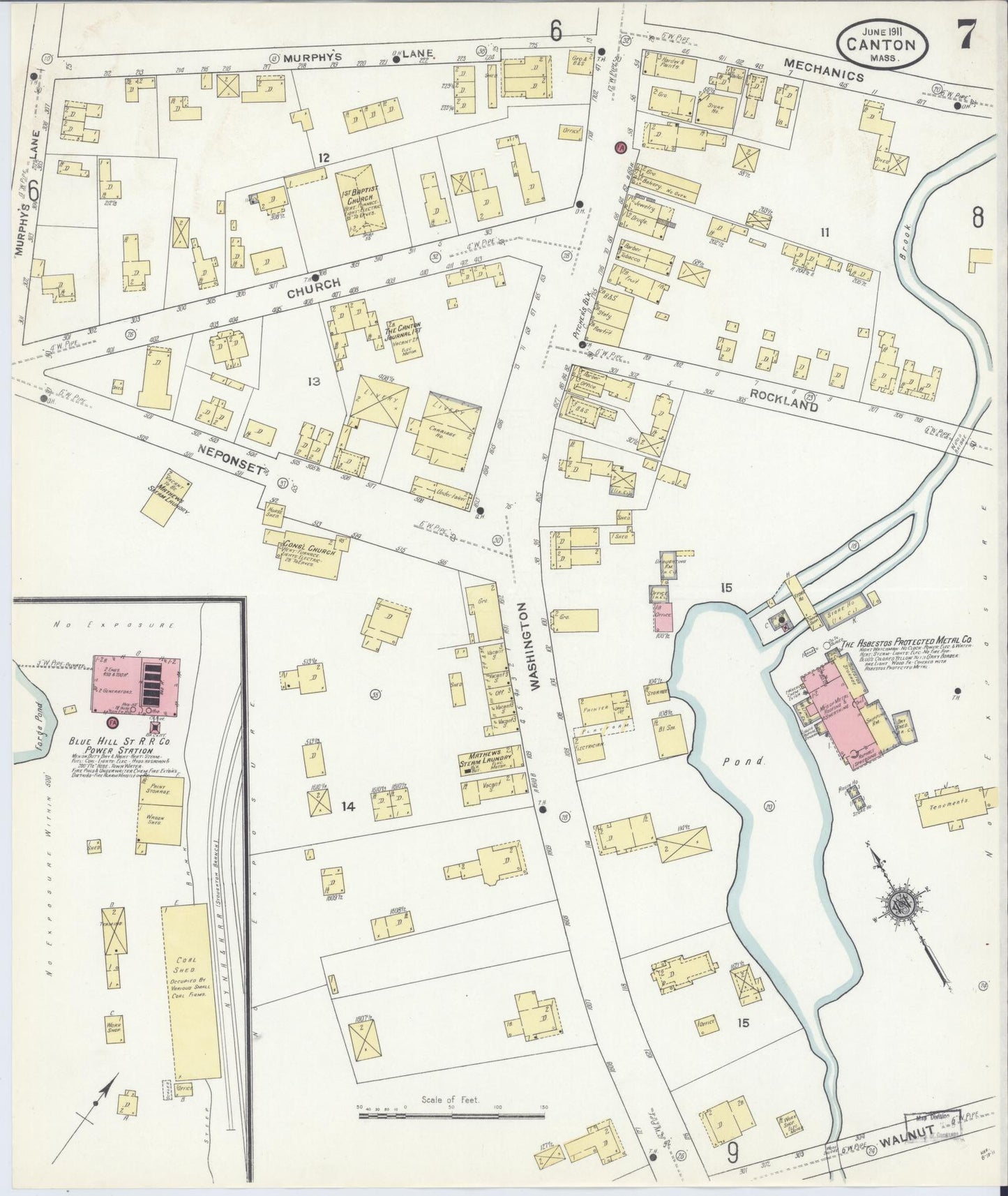 Sanborn Fire Insurance Map from Canton, Norfolk County, Massachusetts (1911), Sheet #0007 - Historic Sanborn Fire Insurance Map Print, vintage old map wall art, antique decor, genealogy gift, Massachusetts Massachusetts map