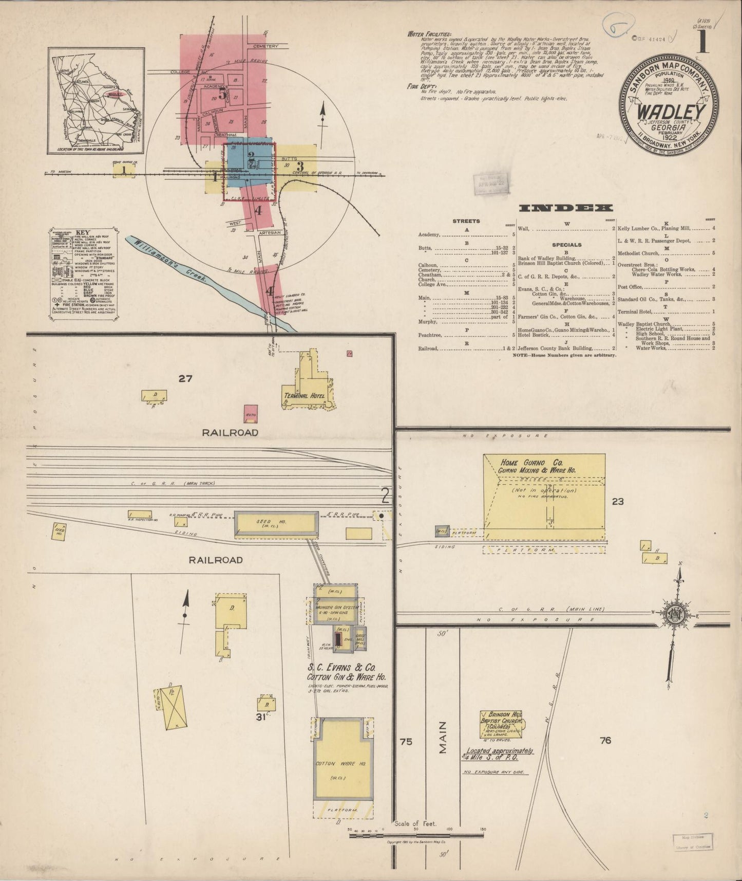 Sanborn Fire Insurance Map from Wadley, Jefferson County, Georgia (1922), Sheet #0001 - Historic Sanborn Fire Insurance Map Print, vintage old map wall art, antique decor, genealogy gift, Georgia Georgia map