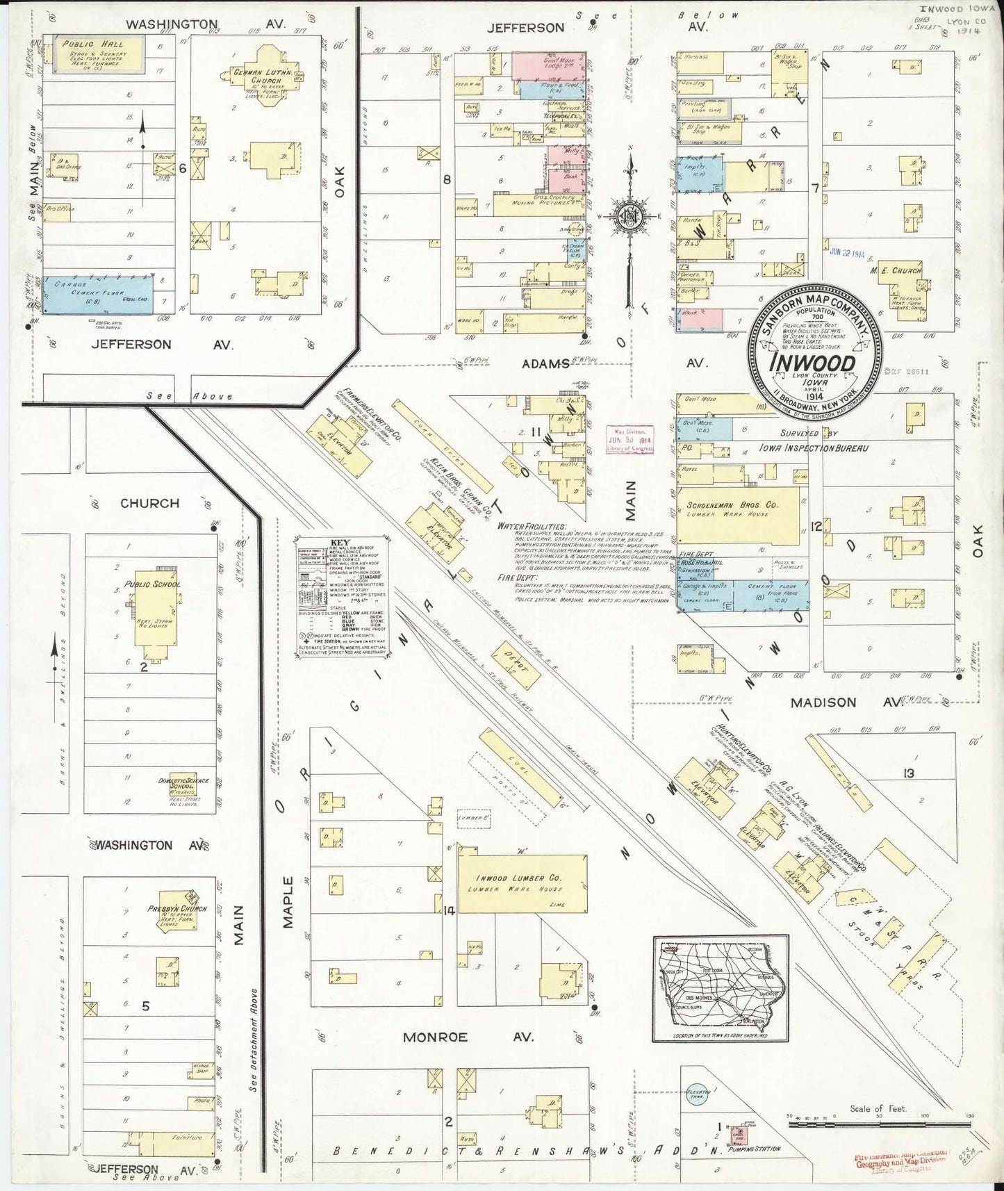 Sanborn Fire Insurance Map from Inwood, Lyon County, Iowa (1914), Sheet #0001 - Historic Sanborn Fire Insurance Map Print, vintage old map wall art