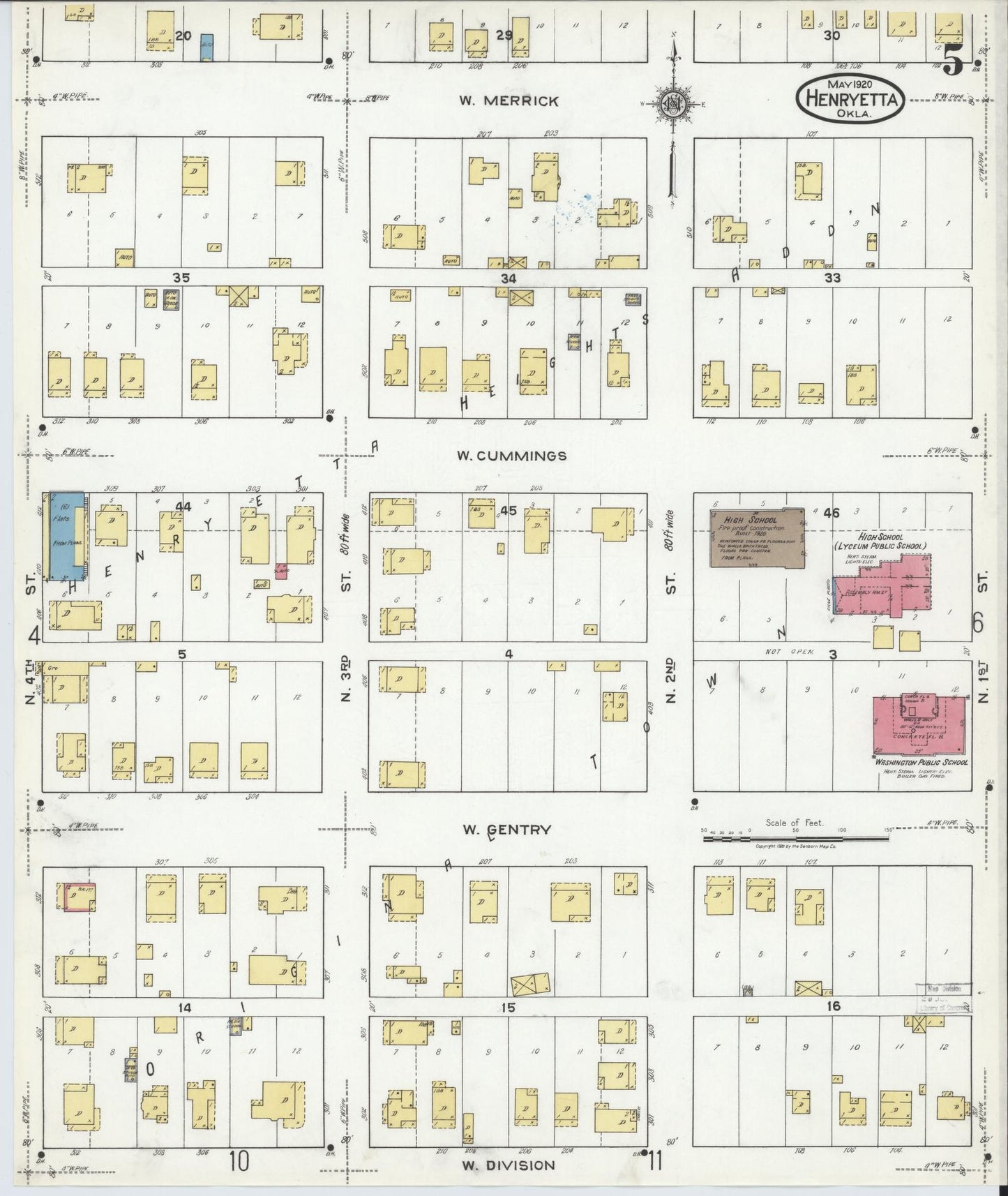 Sanborn Fire Insurance Map from Henryetta, Okmulgee County, Oklahoma (1920), Sheet #0005 - Historic Sanborn Fire Insurance Map Print, vintage old map wall art, antique decor, genealogy gift, Oklahoma Oklahoma map