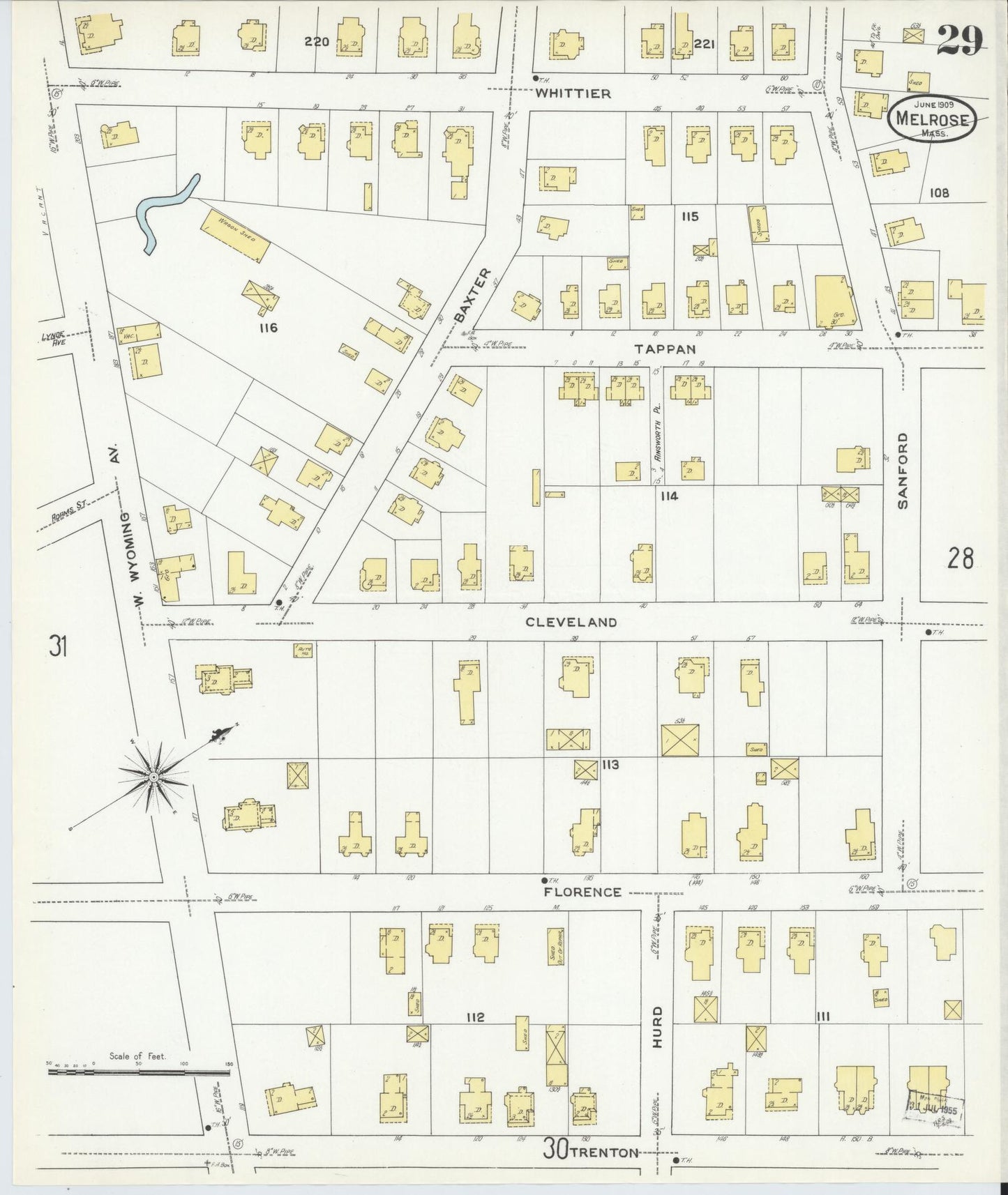 Sanborn Fire Insurance Map from Melrose, Middlesex County, Massachusetts (1909), Sheet #0029 - Historic Sanborn Fire Insurance Map Print, vintage old map wall art, antique decor, genealogy gift, Massachusetts Massachusetts map