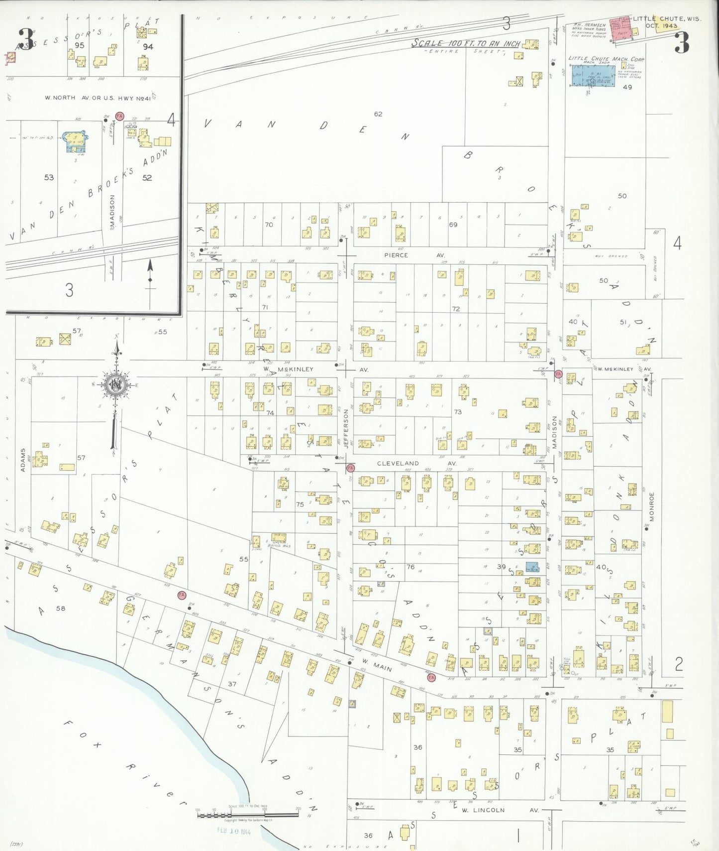 Sanborn Fire Insurance Map from Little Chute, Outagamie County, Wisconsin (1943), Sheet #0003 - Historic Sanborn Fire Insurance Map Print, vintage old map wall art, antique decor, genealogy gift, Wisconsin Wisconsin map