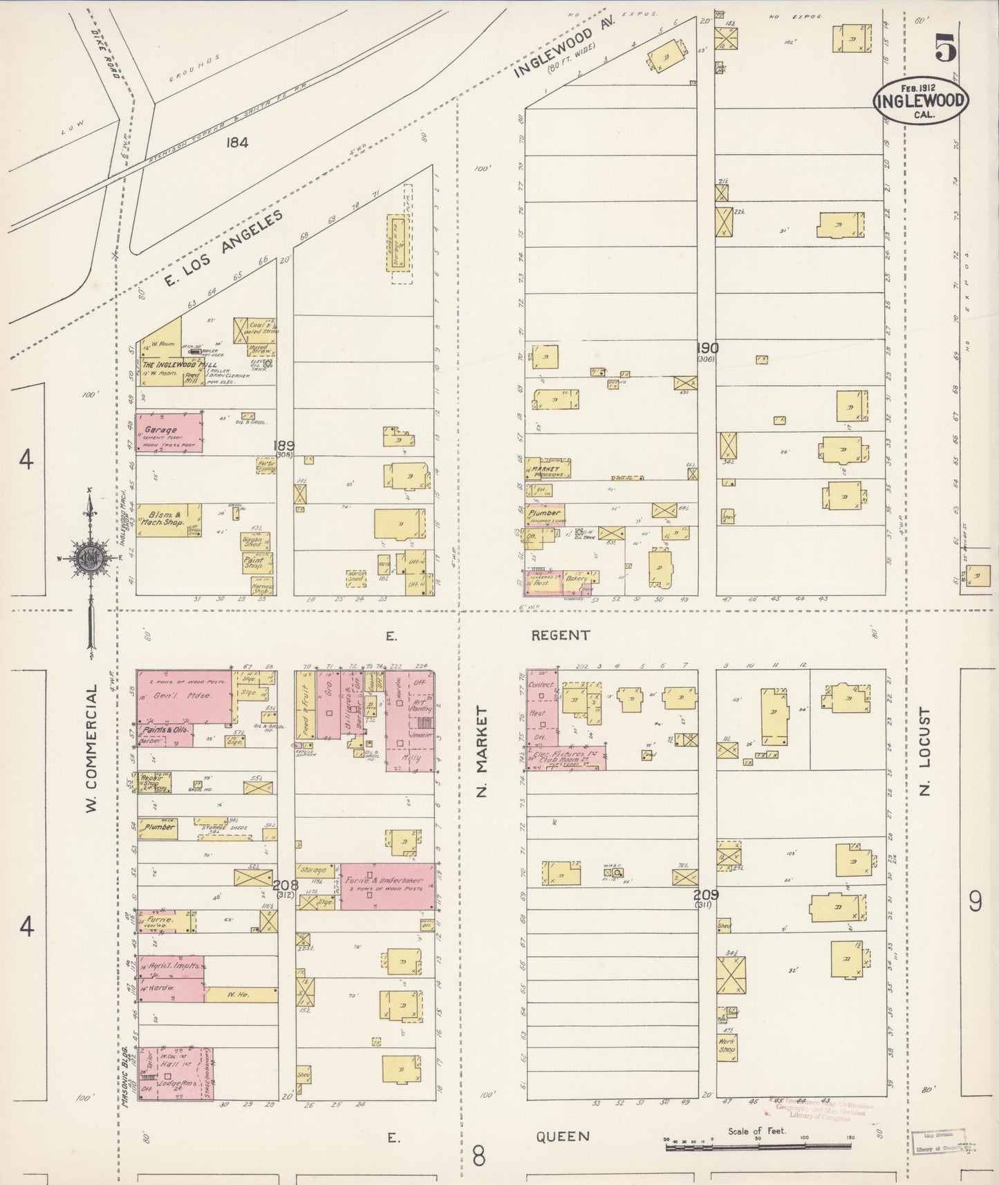 Sanborn Fire Insurance Map from Inglewood, Los Angeles County, California (1912), Sheet #0005 - Historic Sanborn Fire Insurance Map Print, vintage old map wall art, antique decor, genealogy gift, California California map