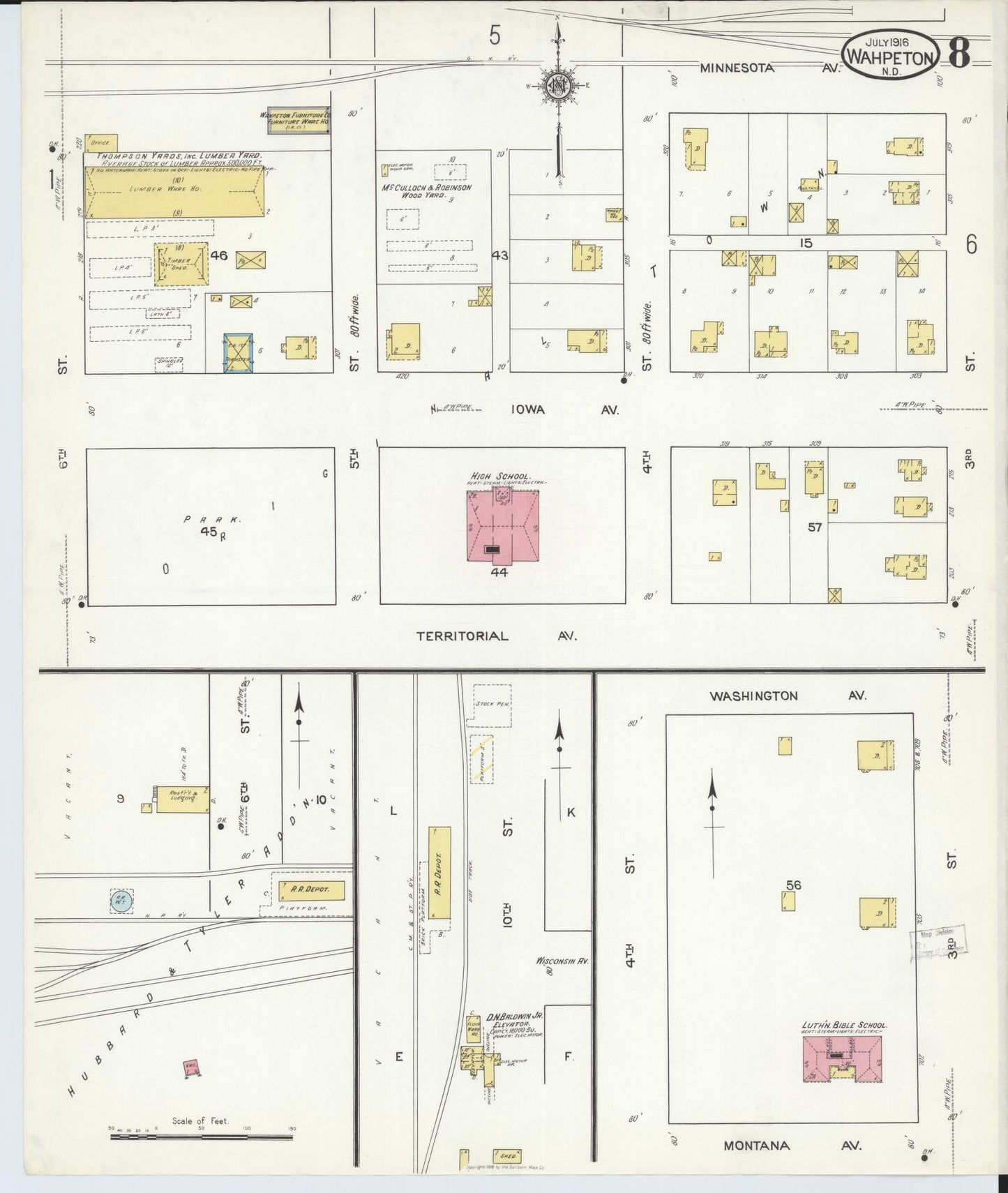 Sanborn Fire Insurance Map from Wahpeton, Richland County, North Dakota (1916), Sheet #0008 - Complete Map Set gallery image, historic Sanborn map, vintage wall art, North Dakota North Dakota