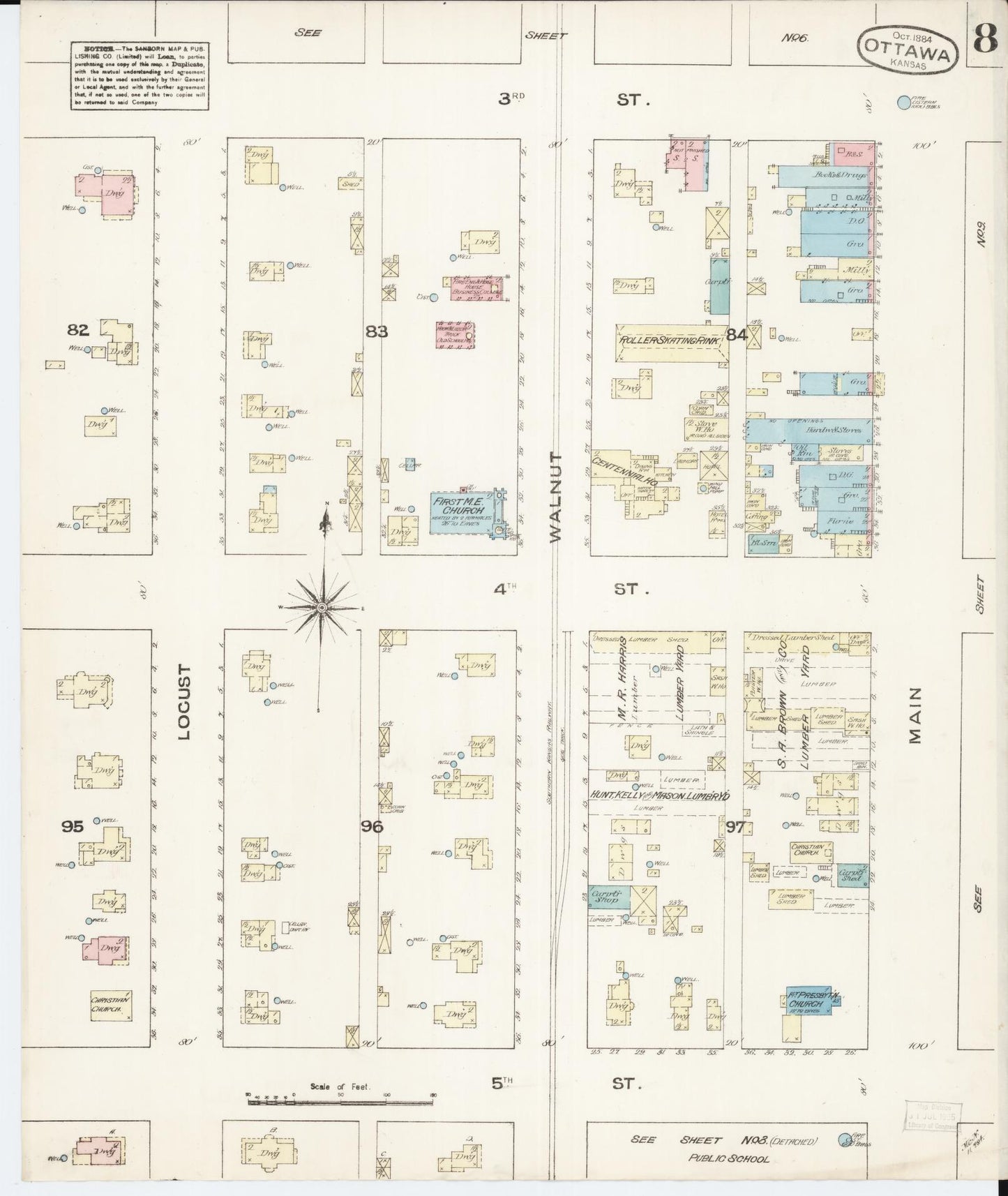 Sanborn Fire Insurance Map from Ottawa, Franklin County, Kansas (1884), Sheet #0008 - Historic Sanborn Fire Insurance Map Print, vintage old map wall art, antique decor, genealogy gift, Kansas Kansas map