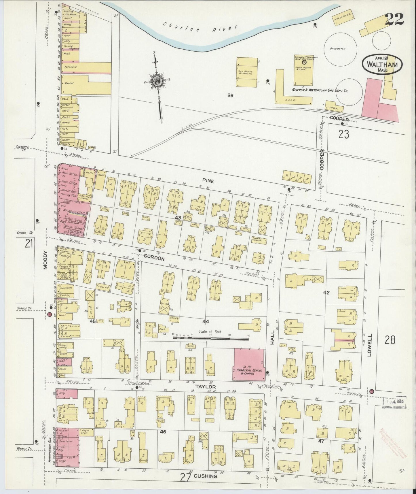 Sanborn Fire Insurance Map from Waltham, Middlesex County, Massachusetts (1911), Sheet #0022 - Historic Sanborn Fire Insurance Map Print, vintage old map wall art, antique decor, genealogy gift, Massachusetts Massachusetts map