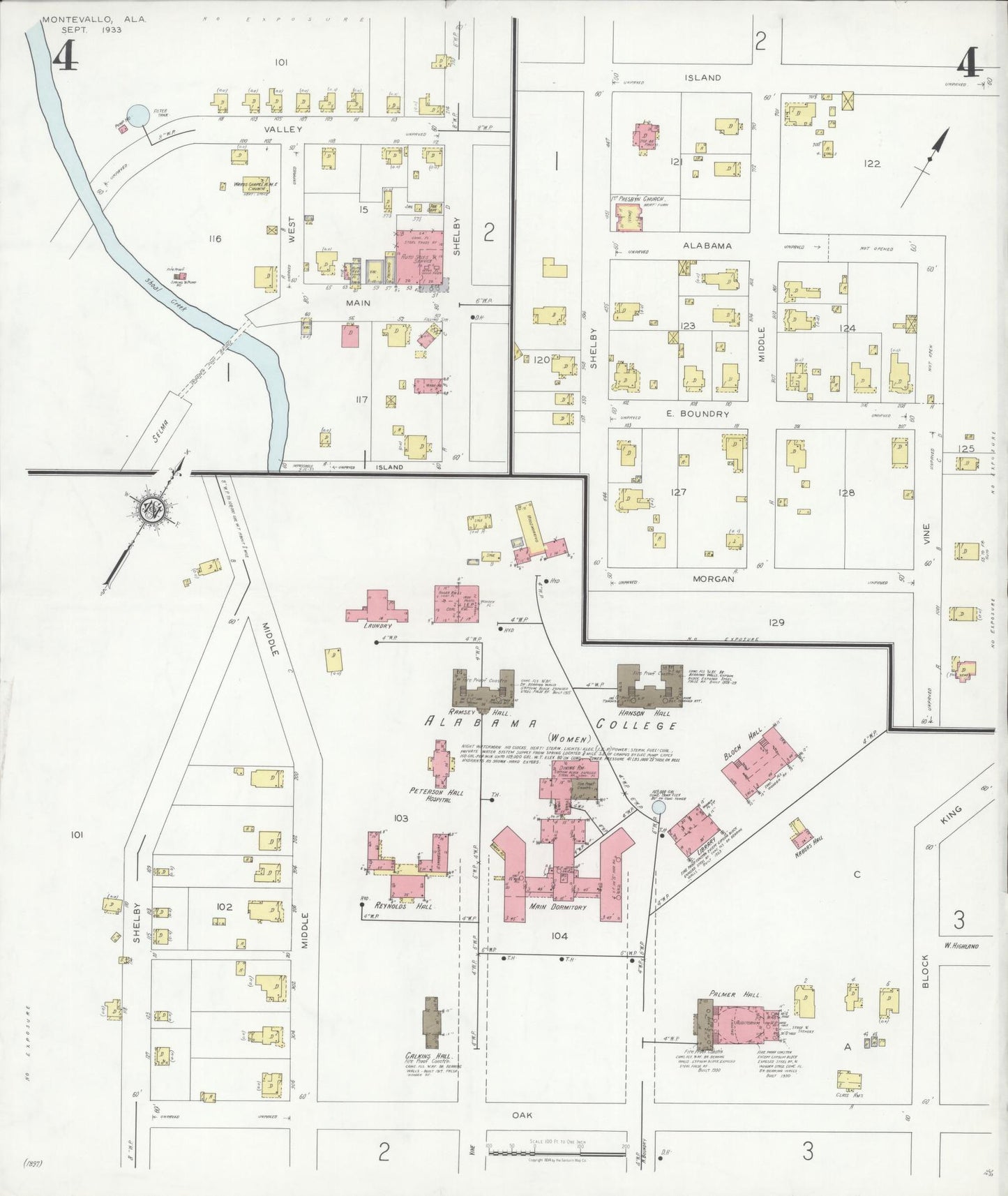 Sanborn Fire Insurance Map from Montevallo, Shelby County, Alabama (1933), Sheet #0004 - Complete Map Set gallery image, historic Sanborn map, vintage wall art, Alabama Alabama