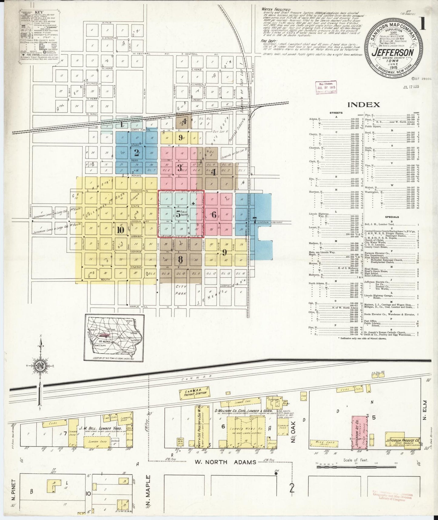 Sanborn Fire Insurance Map from Jefferson, Greene County, Iowa (1915), Sheet #0001 - Historic Sanborn Fire Insurance Map Print, vintage old map wall art