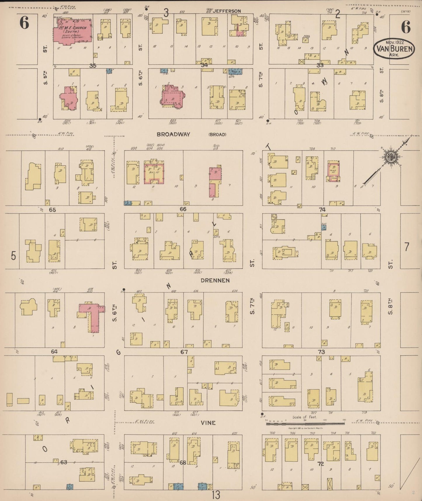 Sanborn Fire Insurance Map from Van Buren, Crawford County, Arkansas (1922), Sheet #0006 - Historic Sanborn Fire Insurance Map Print, vintage old map wall art, antique decor, genealogy gift, Arkansas Arkansas map