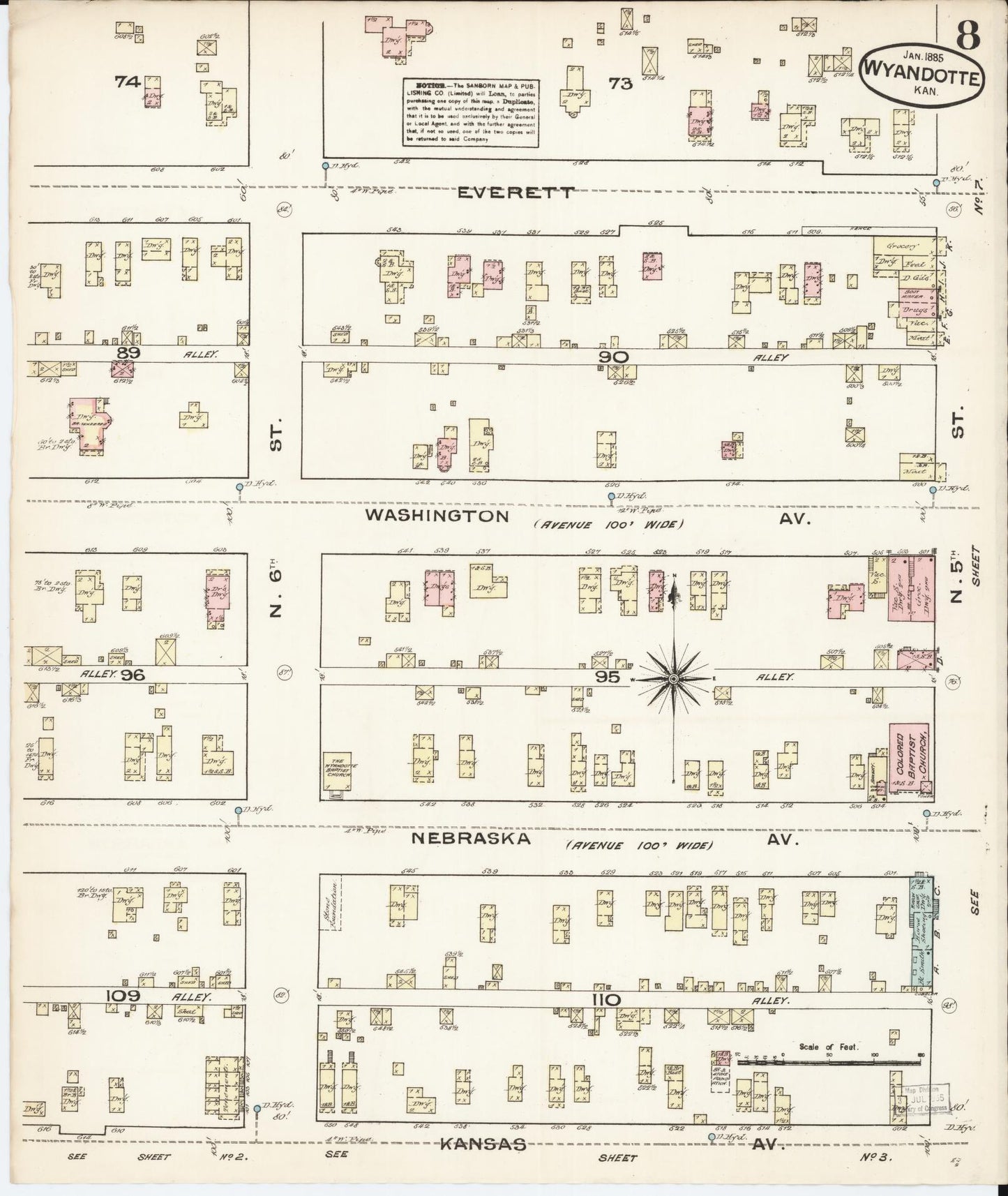Sanborn Fire Insurance Map from Wyandotte, Wyandotte County, Kansas (1885), Sheet #0008 - Historic Sanborn Fire Insurance Map Print, vintage old map wall art, antique decor, genealogy gift, Kansas Kansas map