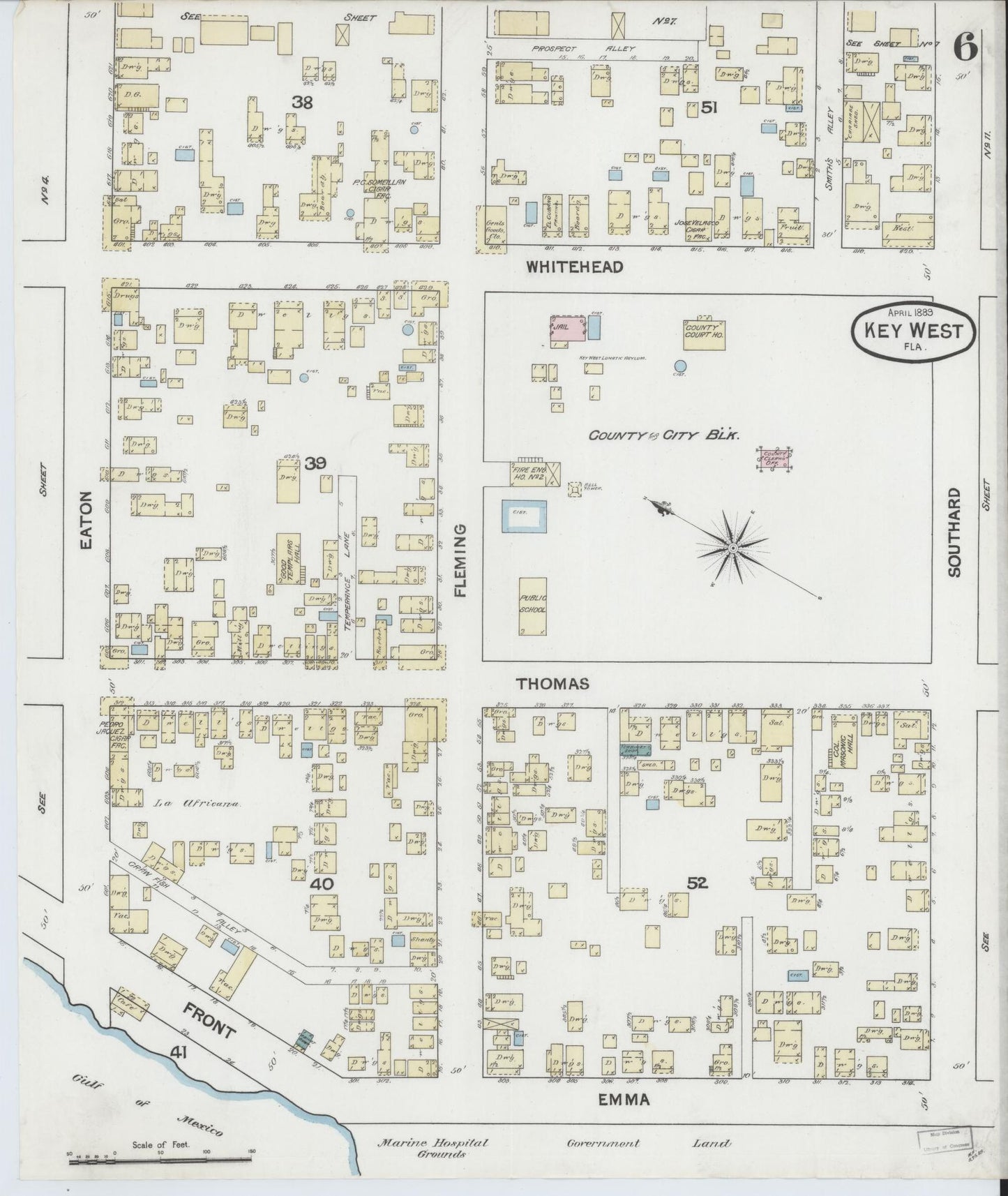 Sanborn Fire Insurance Map from Key West, Monroe County, Florida (1889), Sheet #0006 - Historic Sanborn Fire Insurance Map Print, vintage old map wall art, antique decor, genealogy gift, Florida Florida map