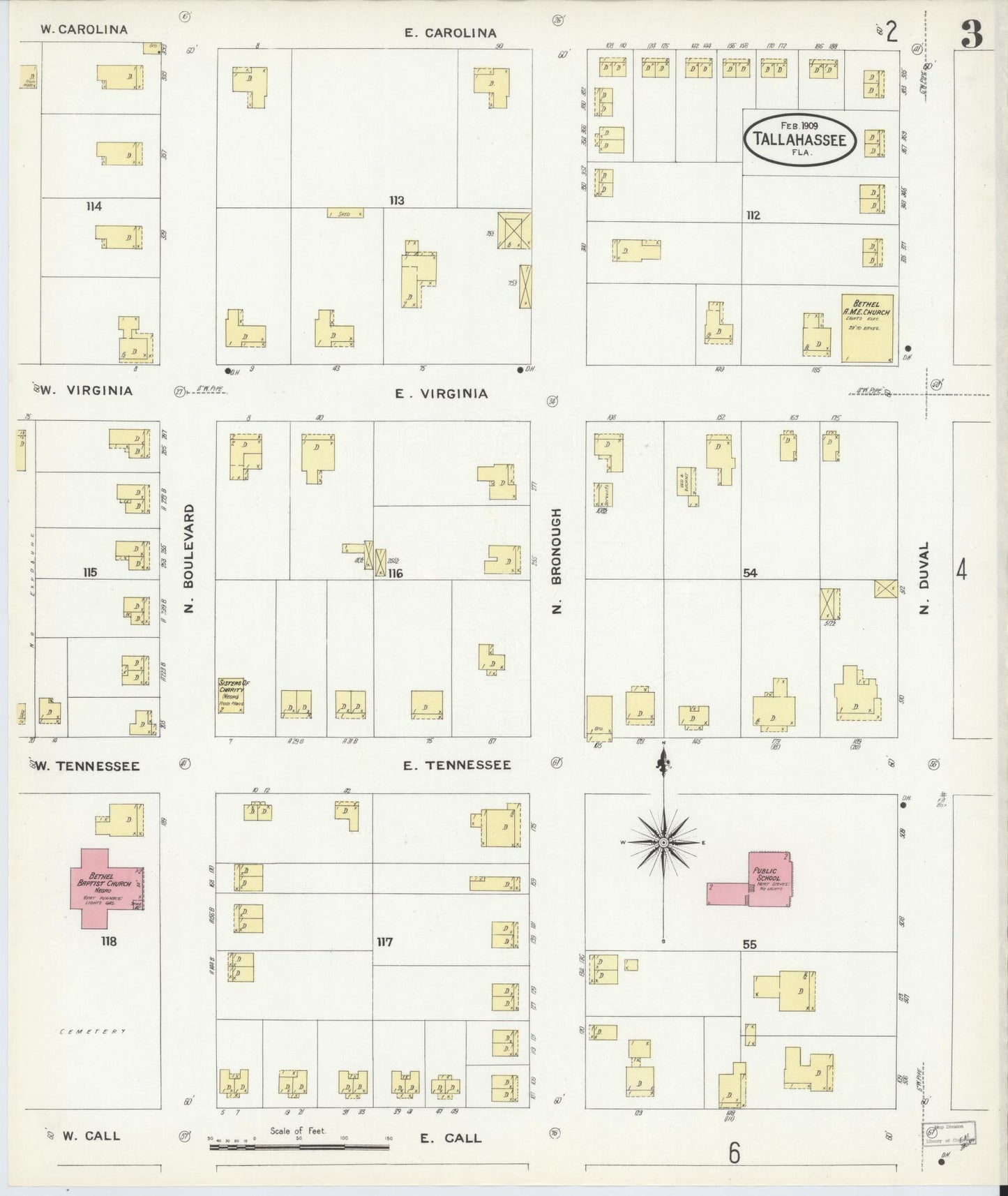 Sanborn Fire Insurance Map from Tallahassee, Leon County, Florida (1909), Sheet #0003 - Historic Sanborn Fire Insurance Map Print, vintage old map wall art, antique decor, genealogy gift, Florida Florida map