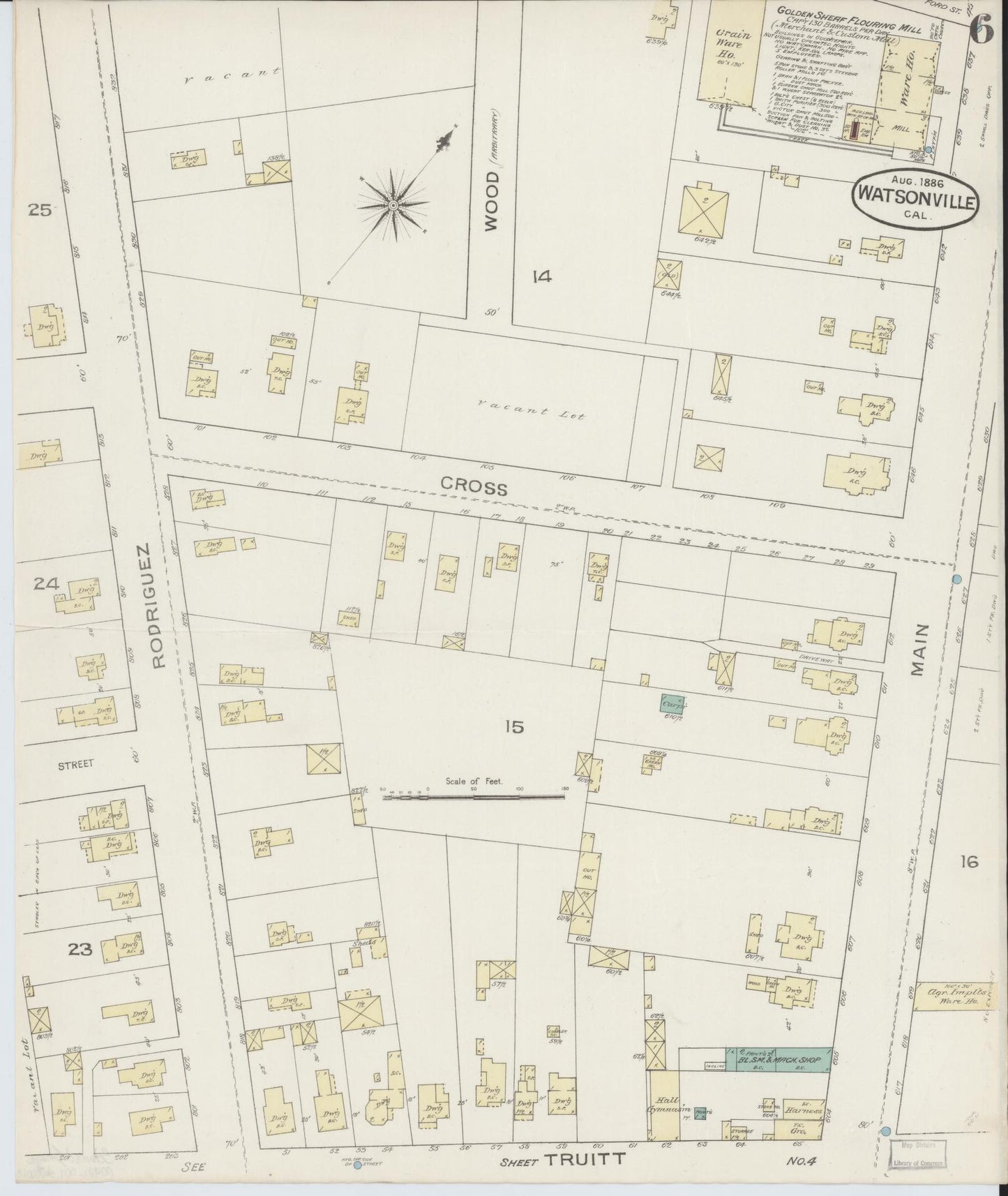 Sanborn Fire Insurance Map from Watsonville, Santa Cruz County, California (1886), Sheet #0006 - Complete Map Set gallery image, historic Sanborn map, vintage wall art, California California