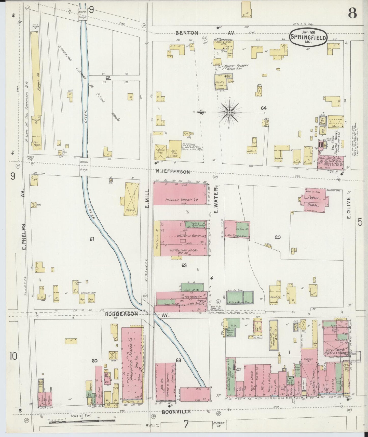 Sanborn Fire Insurance Map from Springfield, Greene County, Missouri (1896), Sheet #0008 - Historic Sanborn Fire Insurance Map Print, vintage old map wall art, antique decor, genealogy gift, Missouri Missouri map