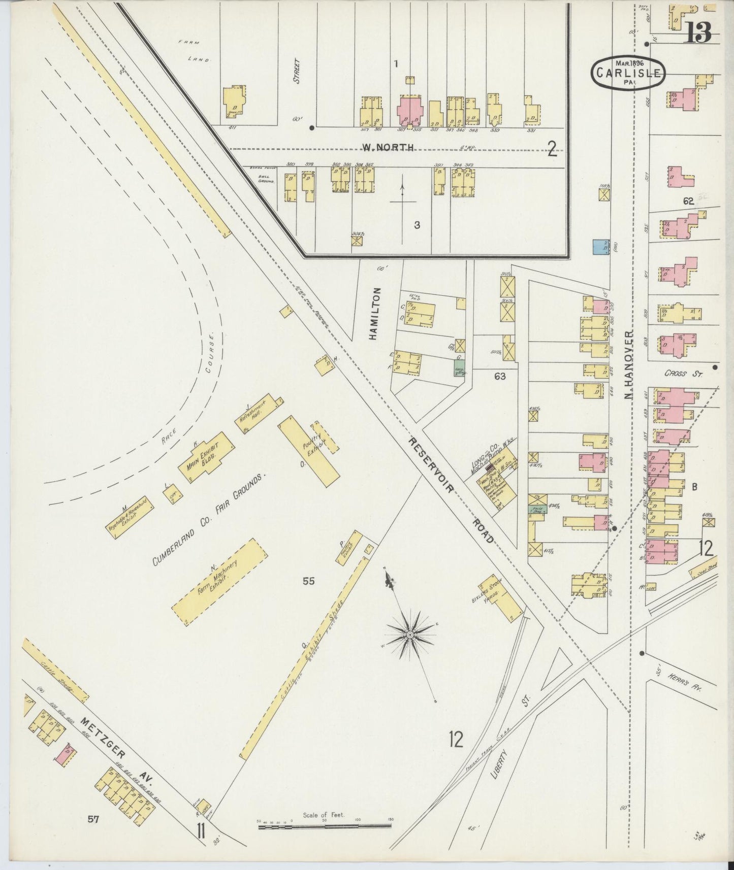 Sanborn Fire Insurance Map from Carlisle, Cumberland County, Pennsylvania (1896), Sheet #0013 - Historic Sanborn Fire Insurance Map Print, vintage old map wall art, antique decor, genealogy gift, Pennsylvania Pennsylvania map