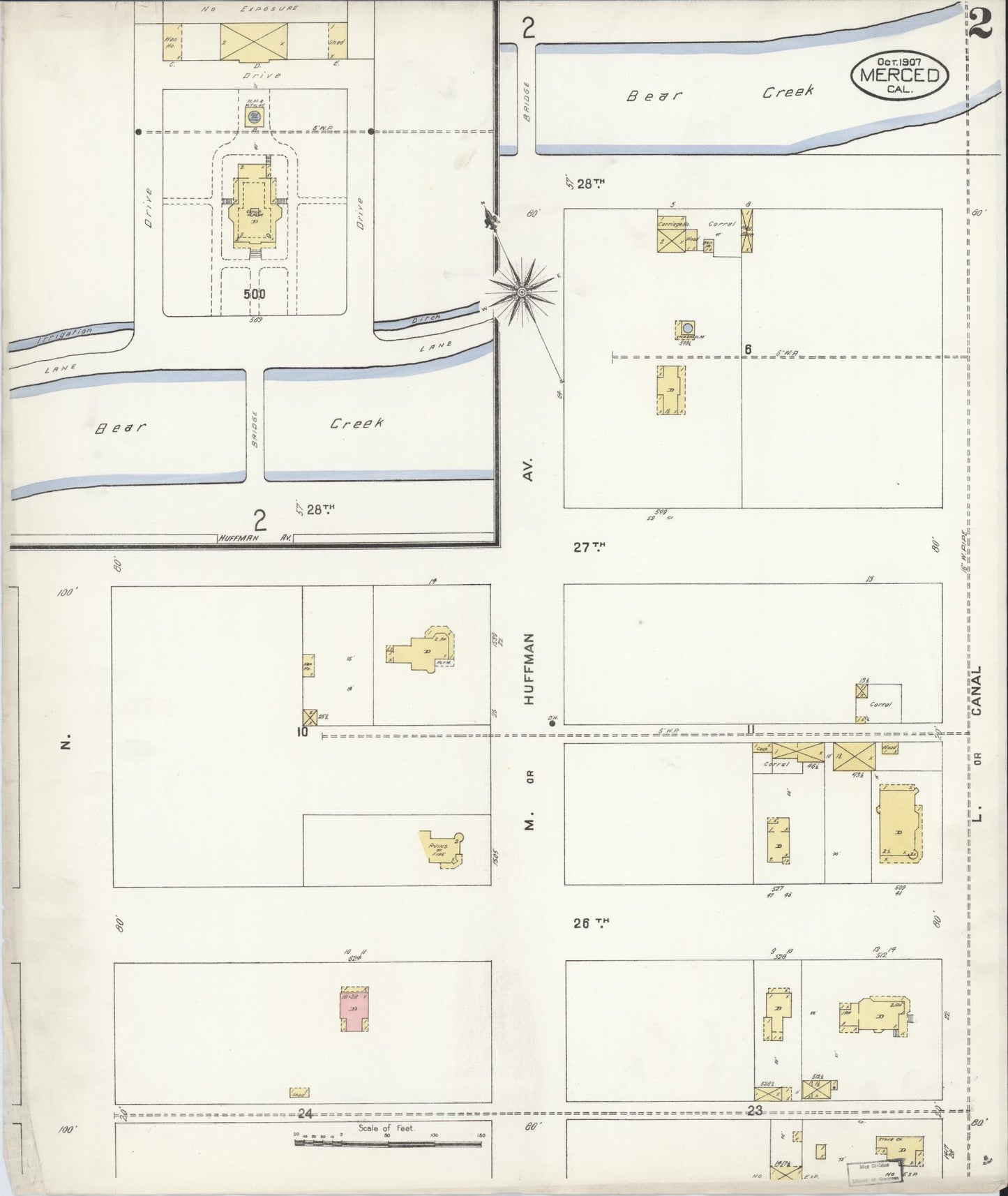 Sanborn Fire Insurance Map from Merced, Merced County, California (1907), Sheet #0002 - Historic Sanborn Fire Insurance Map Print, vintage old map wall art, antique decor, genealogy gift, California California map