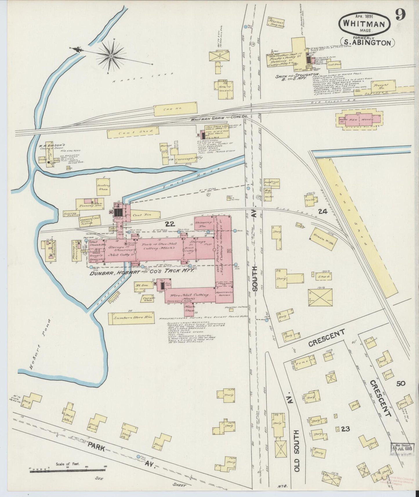 Sanborn Fire Insurance Map from Whitman, Plymouth County, Massachusetts (1891), Sheet #0009 - Complete Map Set gallery image, historic Sanborn map, vintage wall art, Massachusetts Massachusetts