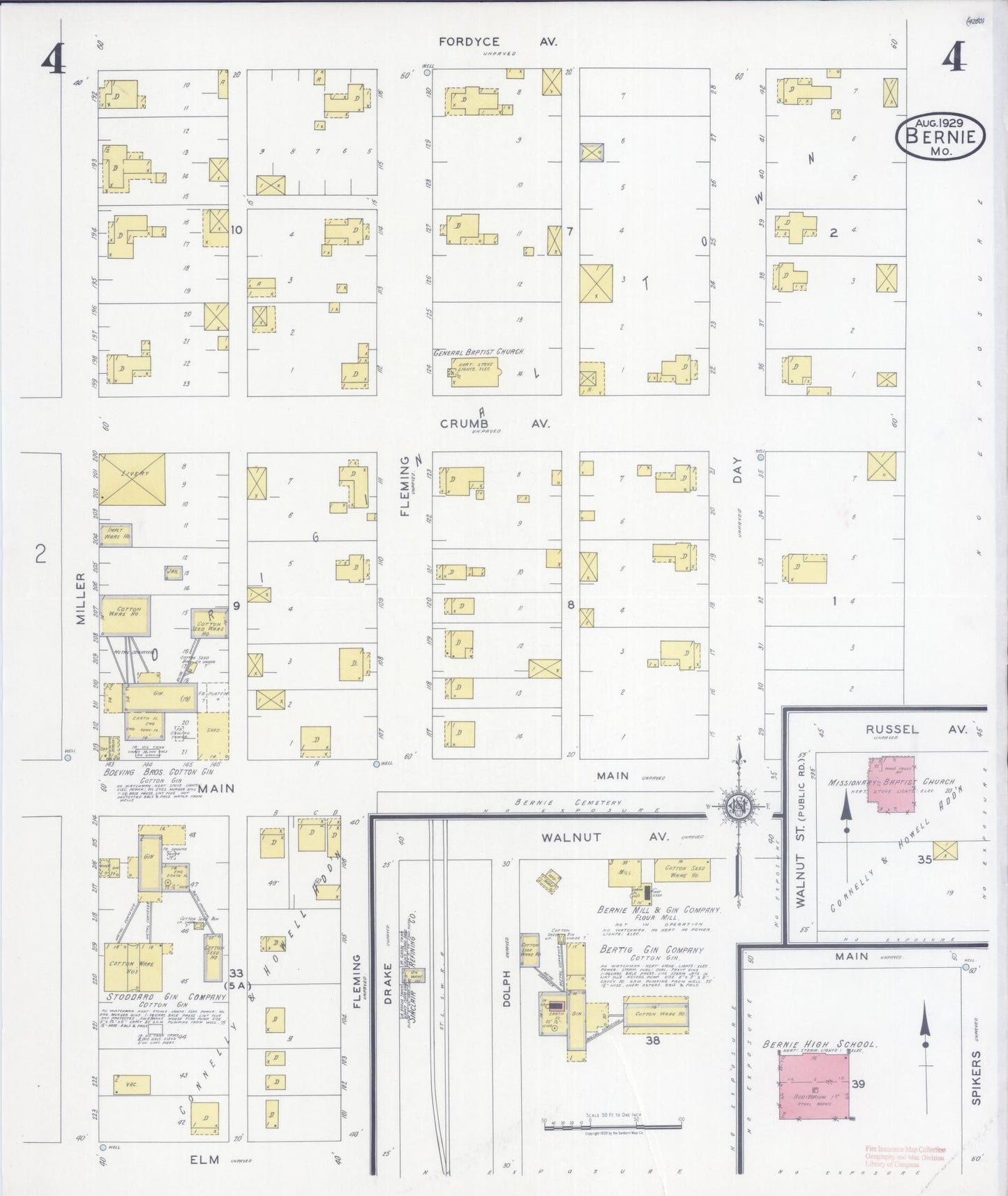 Sanborn Fire Insurance Map from Bernie, Stoddard County, Missouri (1929), Sheet #0004 - Complete Map Set gallery image, historic Sanborn map, vintage wall art, Missouri Missouri