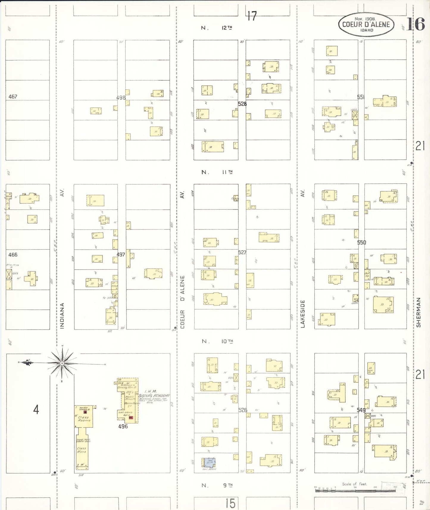 Sanborn Fire Insurance Map from Coeur D'alene, Kootenai County, Idaho (1908), Sheet #0016 - Historic Sanborn Fire Insurance Map Print, vintage old map wall art, antique decor, genealogy gift, Idaho Idaho map