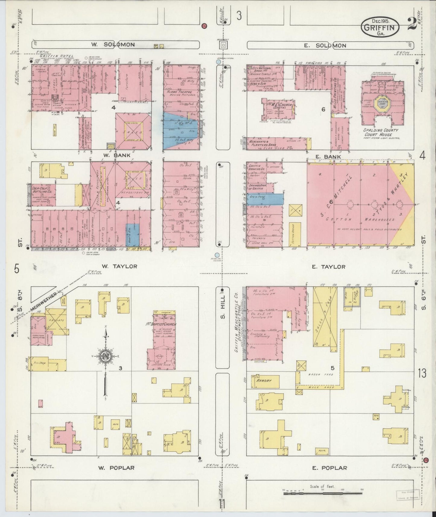 Sanborn Fire Insurance Map from Griffin, Spalding County, Georgia (1915), Sheet #0002 - Historic Sanborn Fire Insurance Map Print, vintage old map wall art, antique decor, genealogy gift, Georgia Georgia map