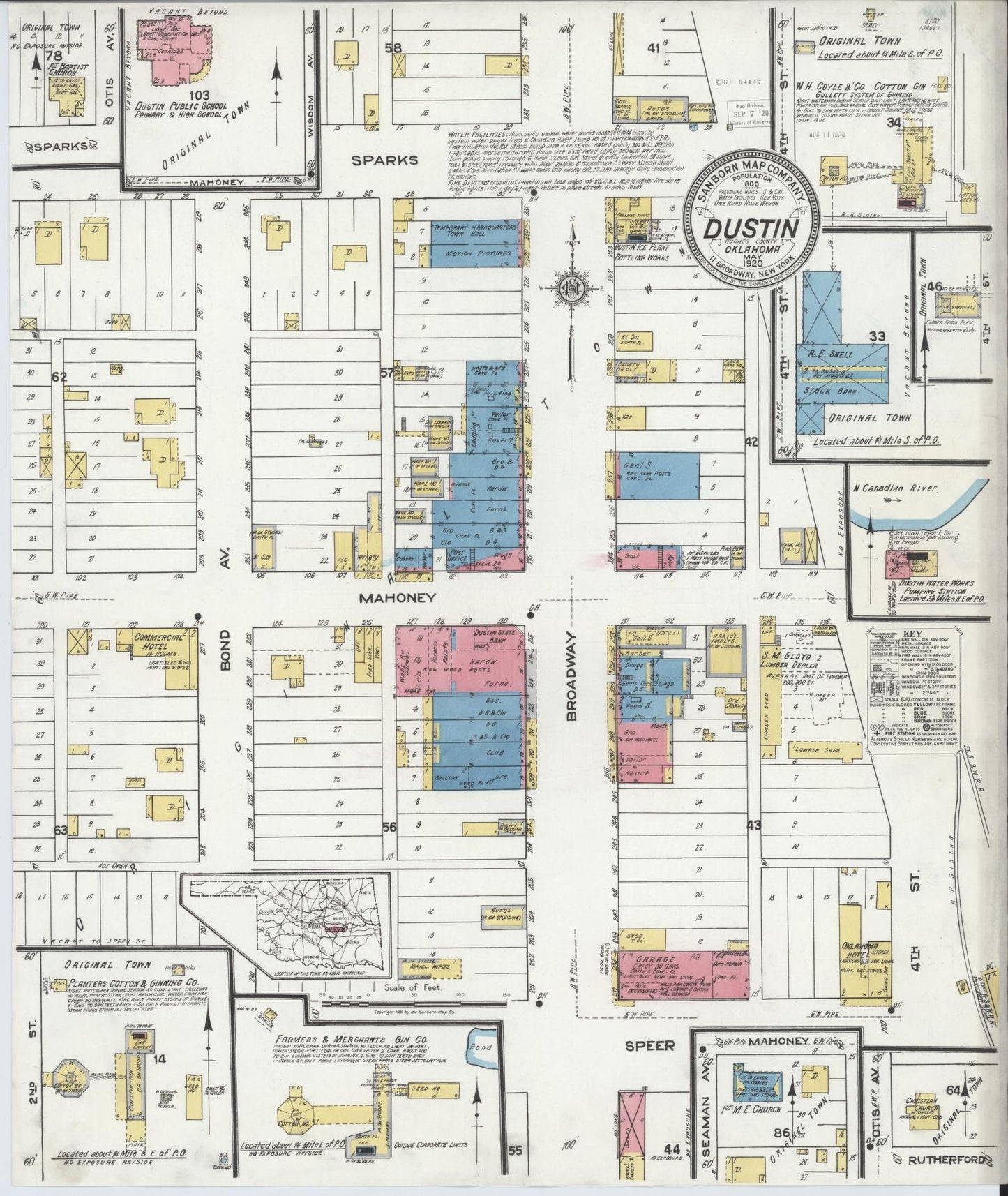 Sanborn Fire Insurance Map from Dustin, Hughes County, Oklahoma (1920), Sheet #0001 - Historic Sanborn Fire Insurance Map Print, vintage old map wall art, antique decor, genealogy gift, Oklahoma Oklahoma map