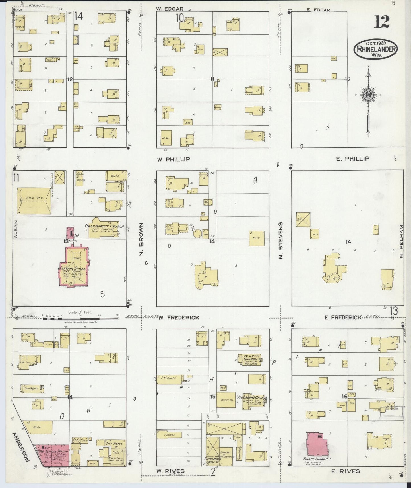 Sanborn Fire Insurance Map from Rhinelander, Oneida County, Wisconsin (1920), Sheet #0012 - Historic Sanborn Fire Insurance Map Print, vintage old map wall art, antique decor, genealogy gift, Wisconsin Wisconsin map