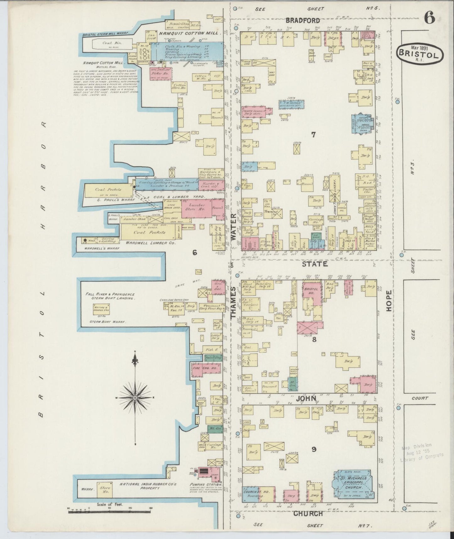 Sanborn Fire Insurance Map from Bristol, Bristol County, Rhode Island (1891), Sheet #0006 - Historic Sanborn Fire Insurance Map Print, vintage old map wall art, antique decor, genealogy gift, Rhode Island Rhode Island map