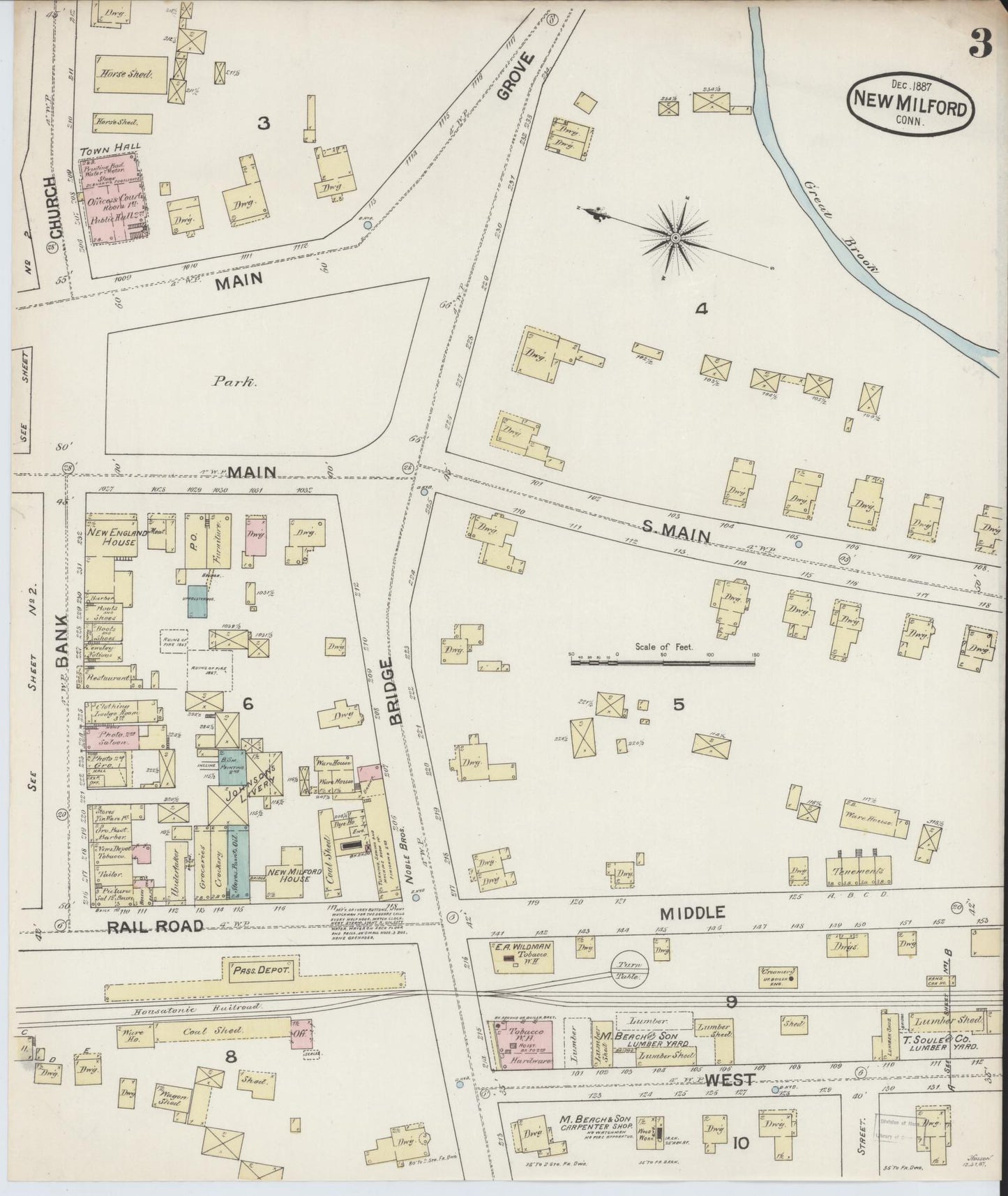 Sanborn Fire Insurance Map from New Milford, Litchfield County, Connecticut (1887), Sheet #0003 - Complete Map Set gallery image, historic Sanborn map, vintage wall art, Connecticut Connecticut