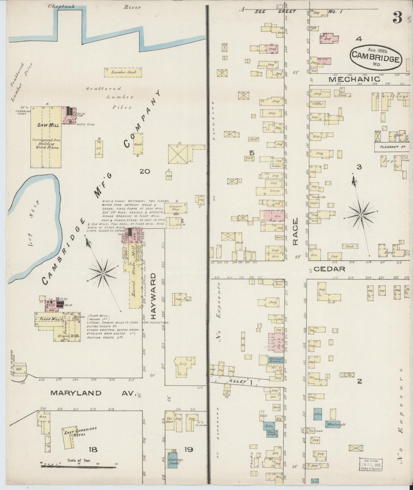 Dorchester, Maryland - 1885 - Sanborn Fire Insurance Map, Sheet #0003 - Historic Sanborn Fire Insurance Map Print, Dorchester Maryland 1885 0003 vintage old map wall art