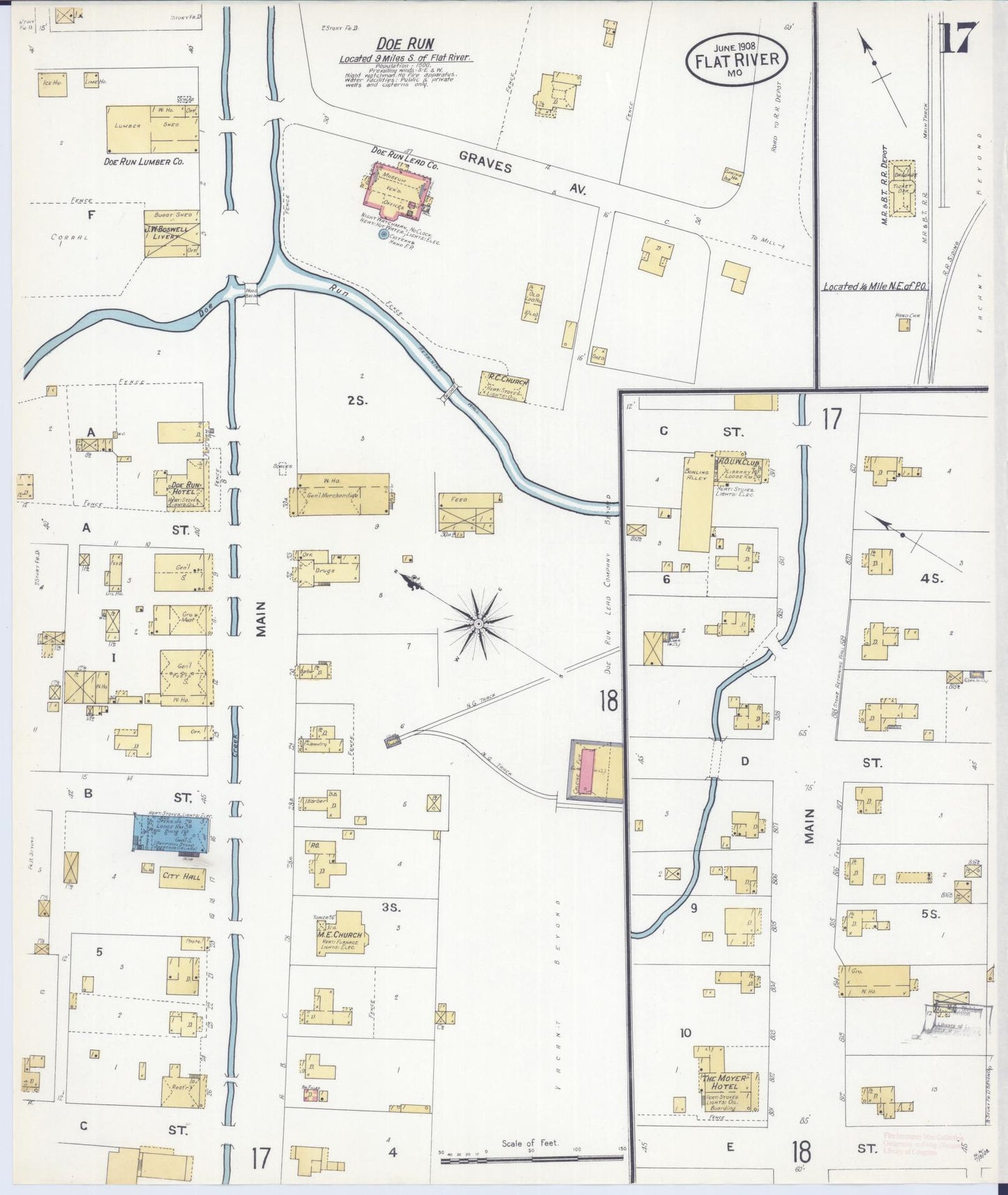 Sanborn Fire Insurance Map from Flat River, Saint Francois County, Missouri (1908), Sheet #0017 - Historic Sanborn Fire Insurance Map Print, vintage old map wall art, antique decor, genealogy gift, Missouri Missouri map