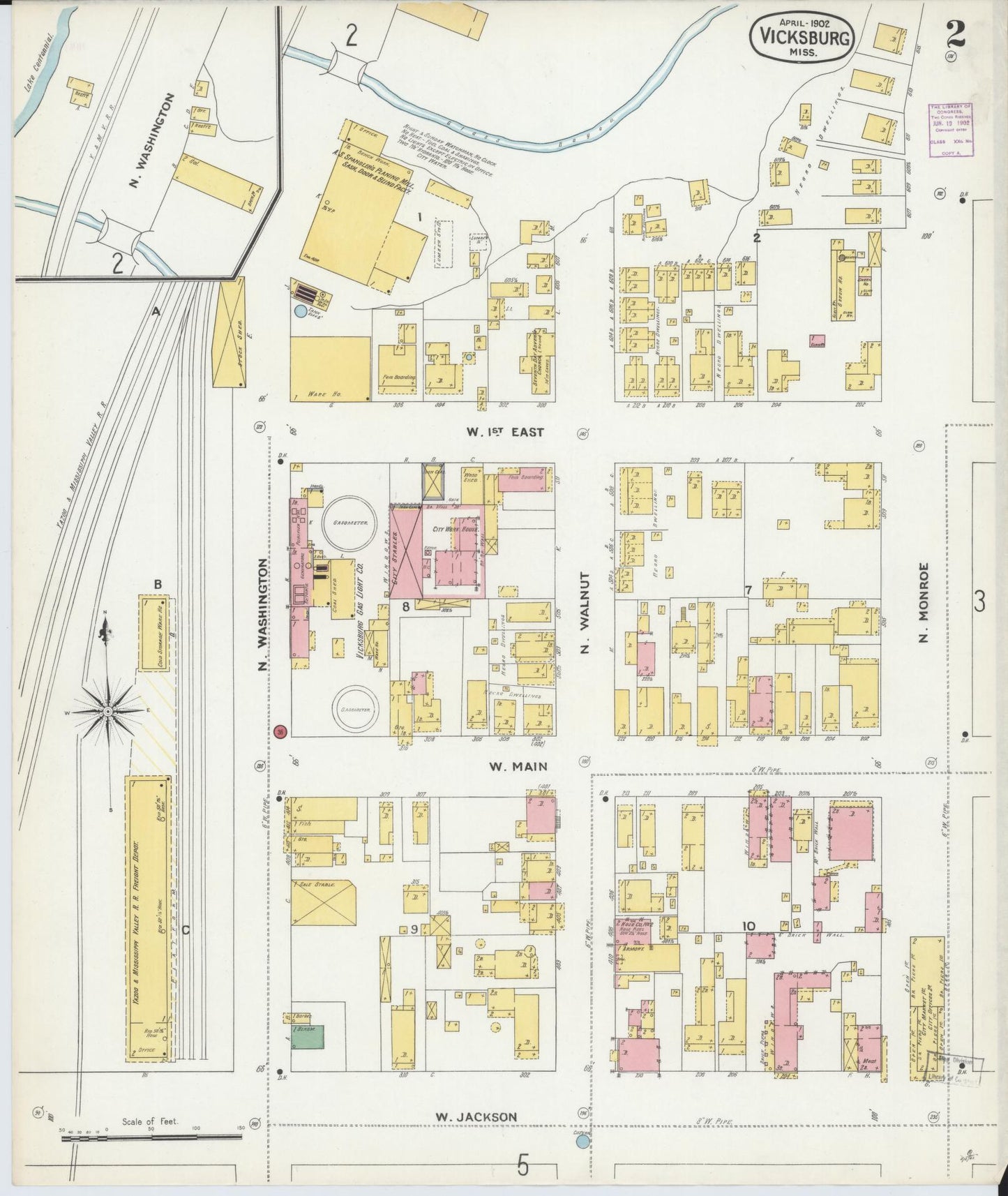 Sanborn Fire Insurance Map from Vicksburg, Warren County, Mississippi (1902), Sheet #0002 - Historic Sanborn Fire Insurance Map Print, vintage old map wall art, antique decor, genealogy gift, Mississippi Mississippi map