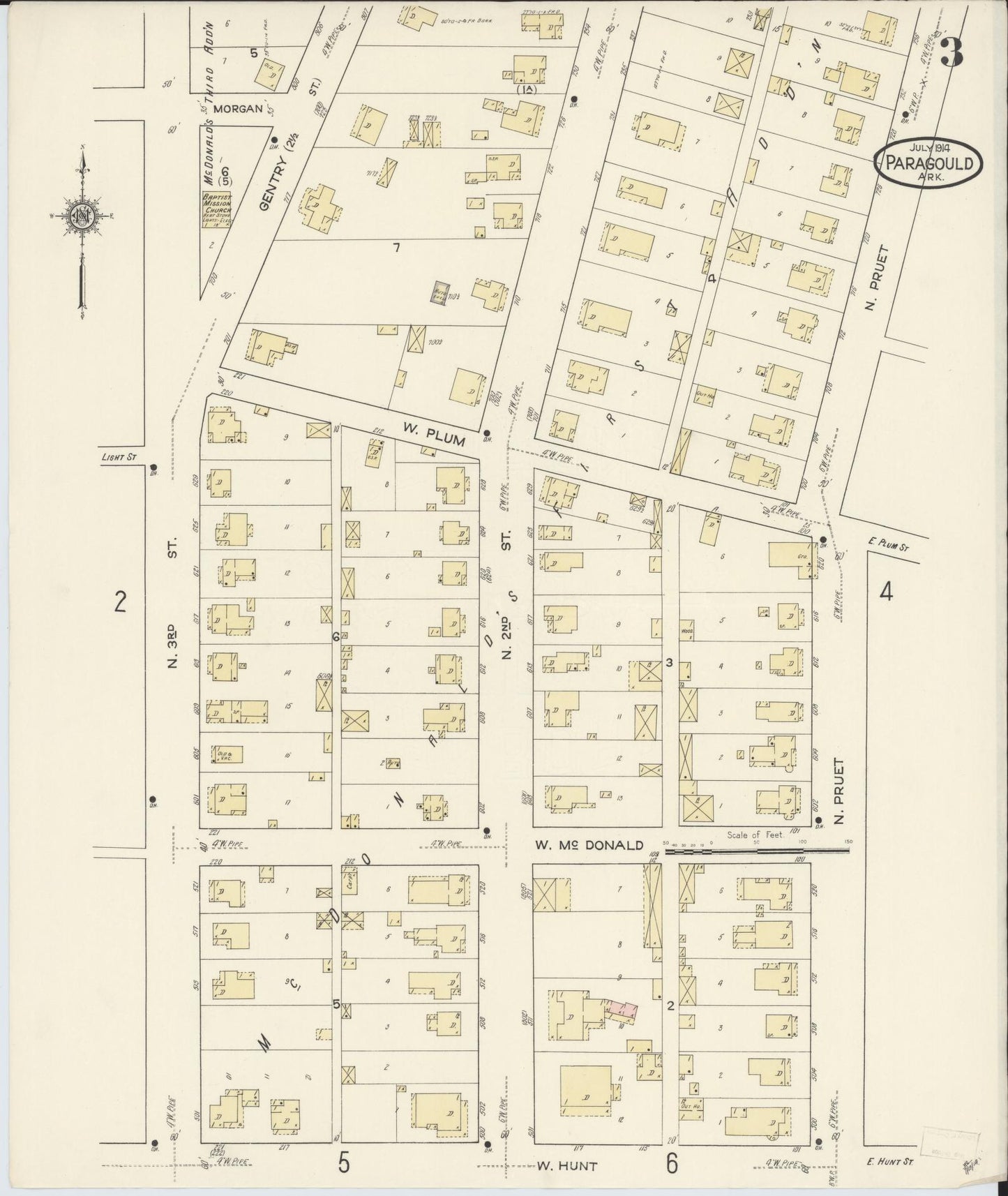 Sanborn Fire Insurance Map from Paragould, Greene County, Arkansas (1914), Sheet #0003 - Historic Sanborn Fire Insurance Map Print, vintage old map wall art, antique decor, genealogy gift, Arkansas Arkansas map