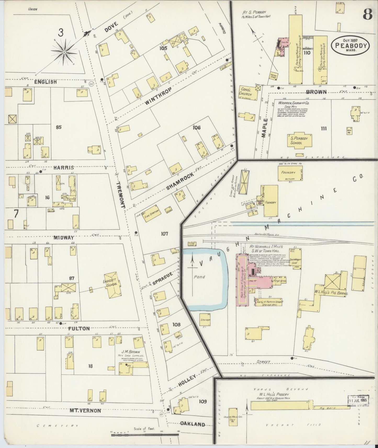 Sanborn Fire Insurance Map from Peabody, Essex County, Massachusetts (1897), Sheet #0008 - Historic Sanborn Fire Insurance Map Print, vintage old map wall art, antique decor, genealogy gift, Massachusetts Massachusetts map