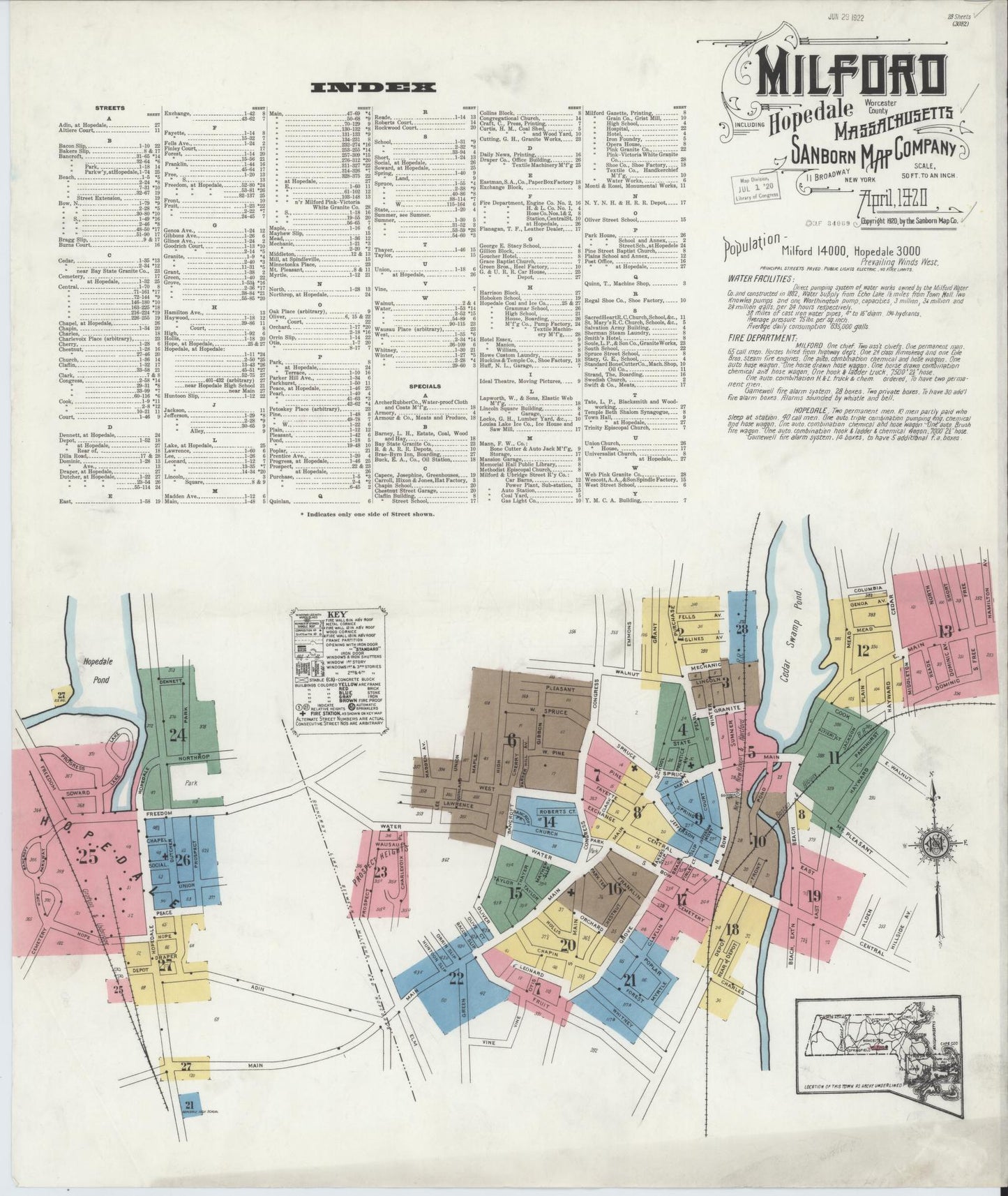 Sanborn Fire Insurance Map from Milford, Worcester County, Massachusetts (1920), Sheet #0001 - Historic Sanborn Fire Insurance Map Print, vintage old map wall art, antique decor, genealogy gift, Massachusetts Massachusetts map