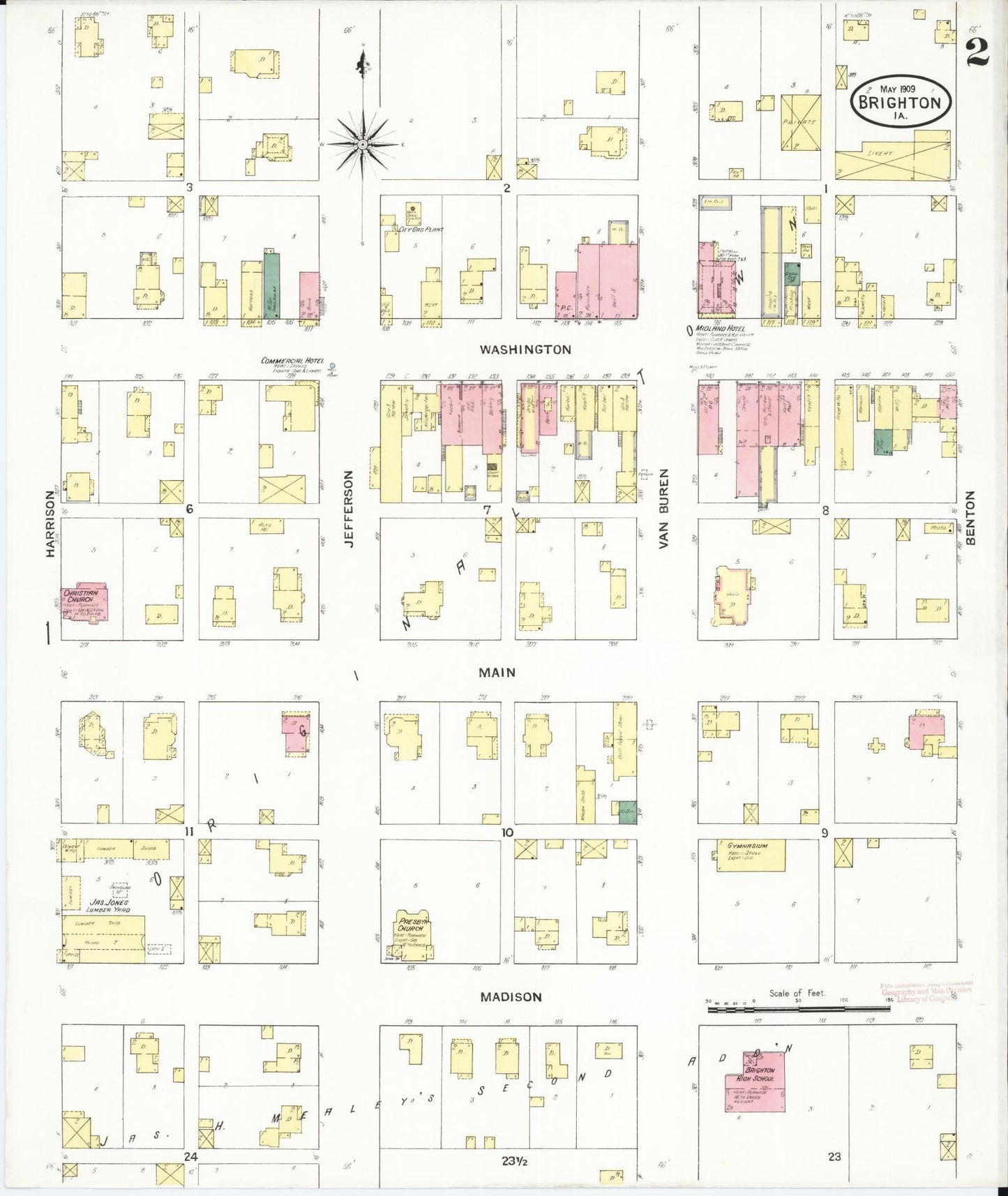 Sanborn Fire Insurance Map from Brighton, Washington County, Iowa (1909), Sheet #0002 - Historic Sanborn Fire Insurance Map Print, vintage old map wall art