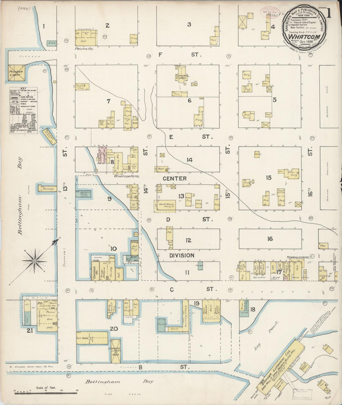 Sanborn Fire Insurance Map from Whatcom, Whatcom County, Washington (1888), Sheet #0002 - Historic Sanborn Fire Insurance Map Print, vintage old map wall art, antique decor, genealogy gift, Washington Washington map