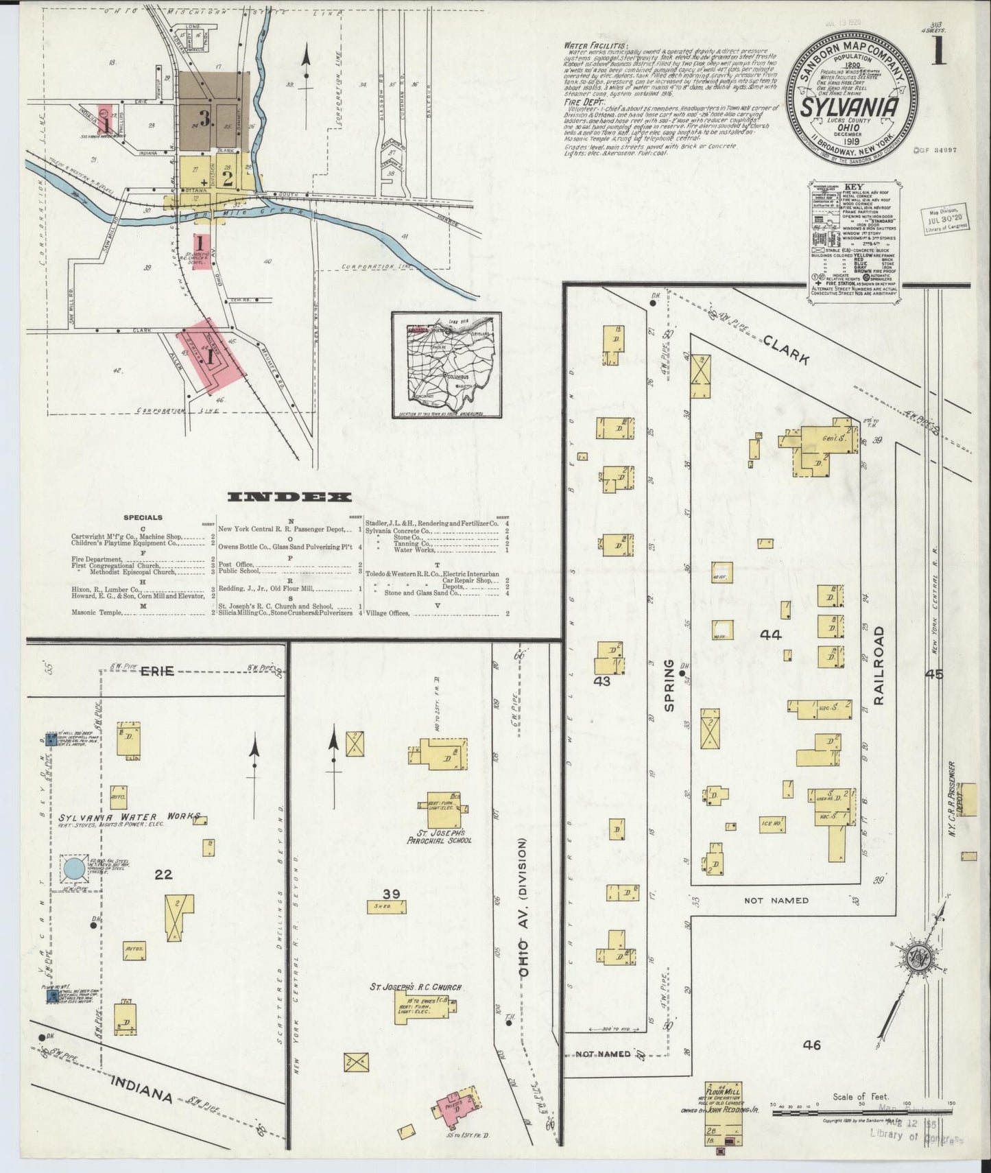 Sanborn Fire Insurance Map from Sylvania, Lucas County, Ohio (1919), Sheet #0001 - Historic Sanborn Fire Insurance Map Print, vintage old map wall art, antique decor, genealogy gift, Ohio Ohio map