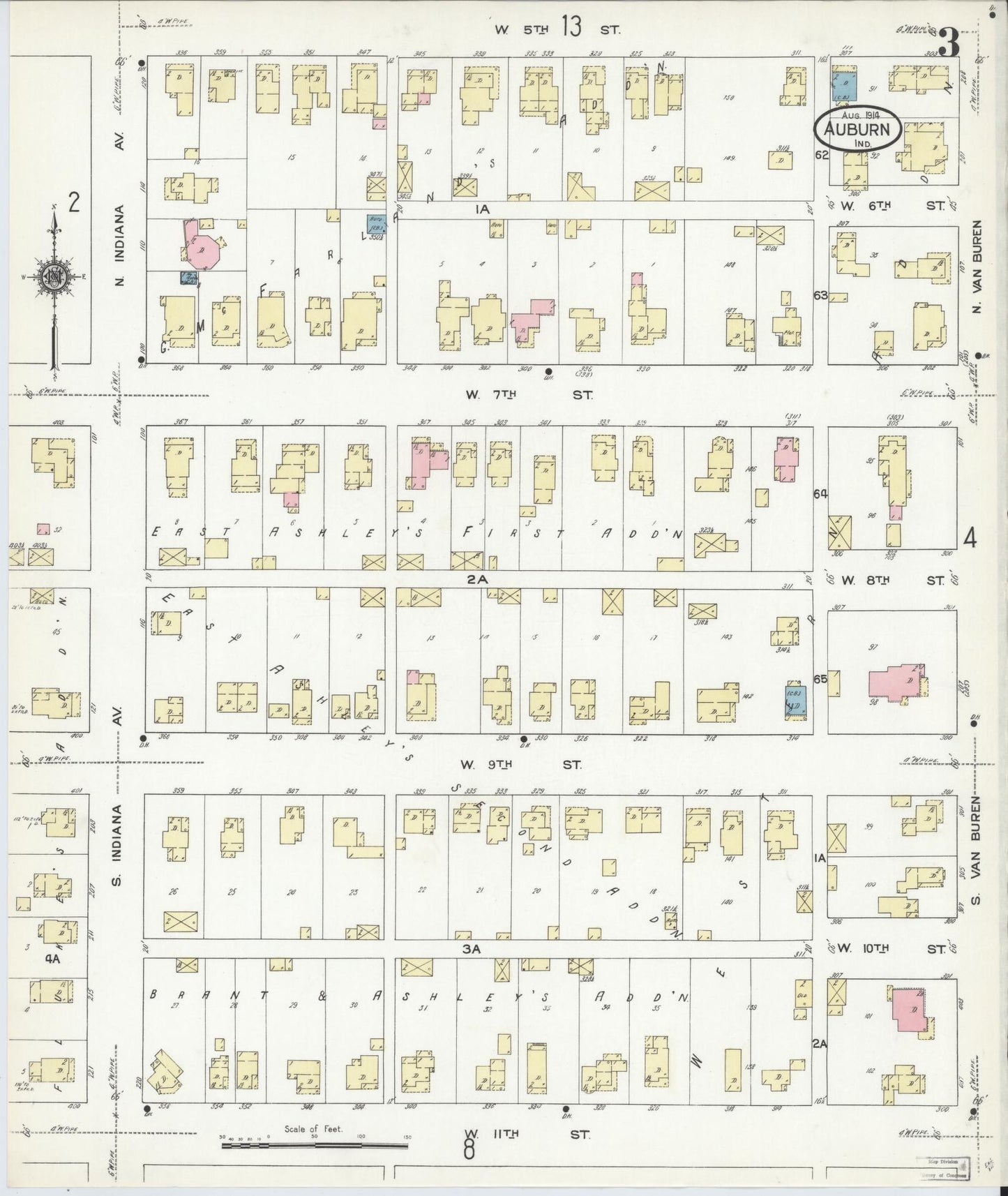 Sanborn Fire Insurance Map from Auburn, De Kalb County, Indiana (1914), Sheet #0003 - Historic Sanborn Fire Insurance Map Print, vintage old map wall art, antique decor, genealogy gift, Indiana Indiana map