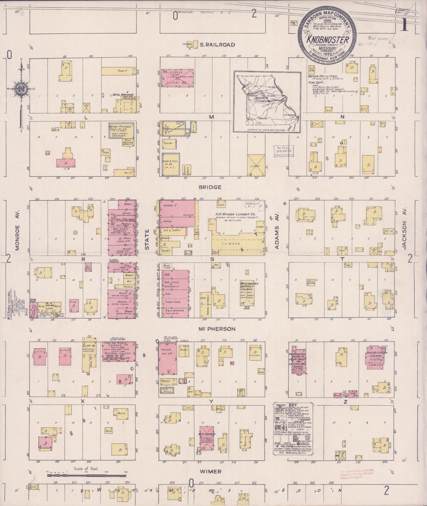 Sanborn Fire Insurance Map from Knobnoster, Johnson County, Missouri (1922), Sheet #0001 - Historic Sanborn Fire Insurance Map Print, vintage old map wall art, antique decor, genealogy gift, Missouri Missouri map
