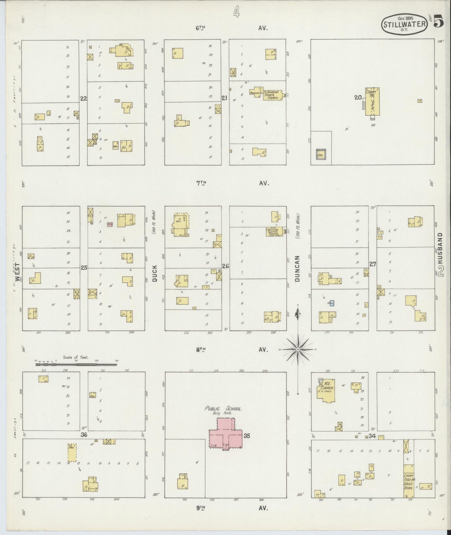 Sanborn Fire Insurance Map from Stillwater, Payne County, Oklahoma (1895), Sheet #0005 - Historic Sanborn Fire Insurance Map Print, vintage old map wall art, antique decor, genealogy gift, Oklahoma Oklahoma map