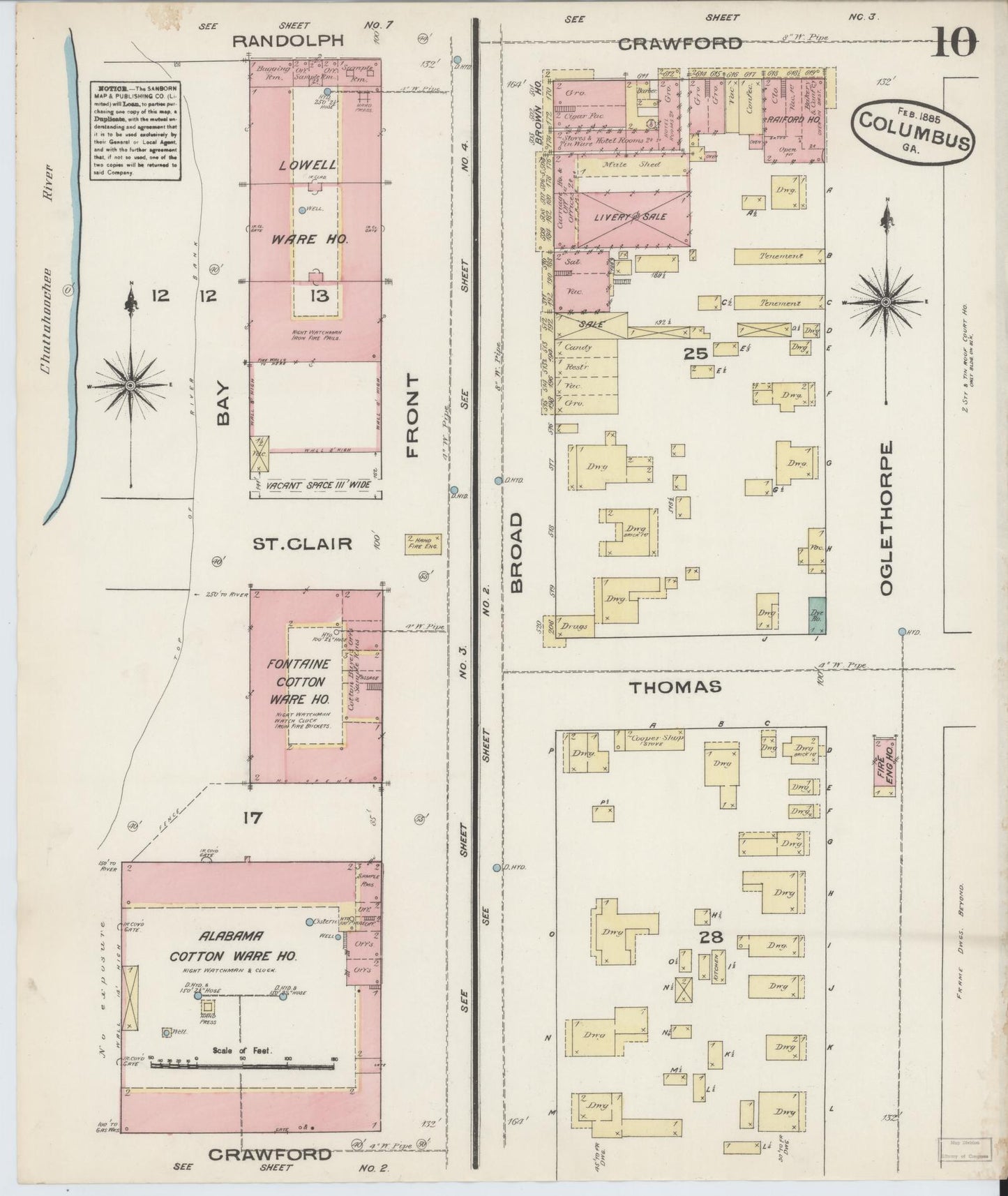 Sanborn Fire Insurance Map from Columbus, Muscogee County, Georgia (1885), Sheet #0010 - Historic Sanborn Fire Insurance Map Print, vintage old map wall art, antique decor, genealogy gift, Georgia Georgia map