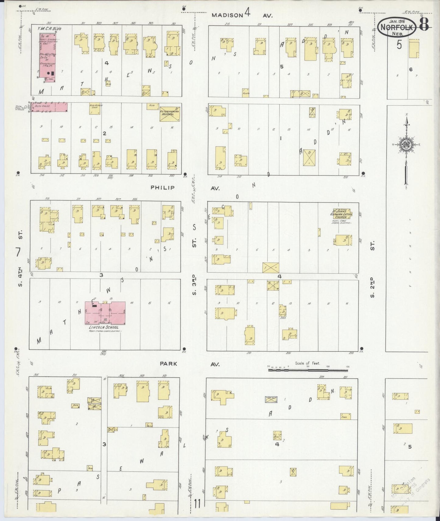 Sanborn Fire Insurance Map from Norfolk, Madison County, Nebraska (1916), Sheet #0008 - Historic Sanborn Fire Insurance Map Print, vintage old map wall art, antique decor, genealogy gift, Nebraska Nebraska map