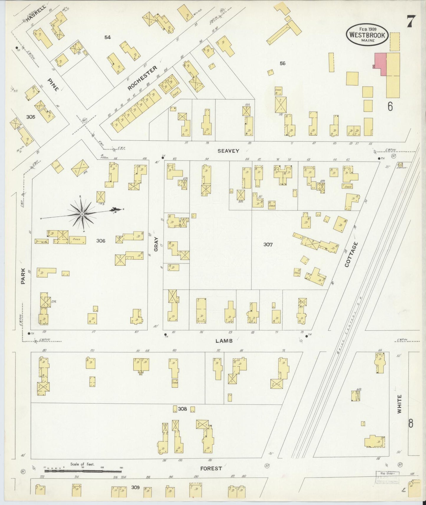 Sanborn Fire Insurance Map from Westbrook, Cumberland County, Maine (1909), Sheet #0007 - Historic Sanborn Fire Insurance Map Print, vintage old map wall art, antique decor, genealogy gift, Maine Maine map