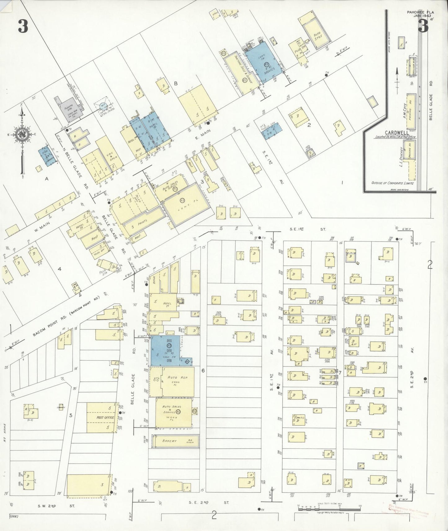Sanborn Fire Insurance Map from Pahokee, Palm Beach County, Florida (1943), Sheet #0003 - Complete Map Set gallery image, historic Sanborn map, vintage wall art, Florida Florida