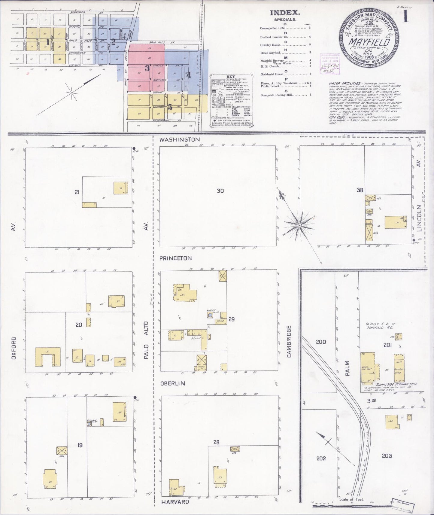 Sanborn Fire Insurance Map from Mayfield, Santa Clara County, California (1908), Sheet #0001 - Historic Sanborn Fire Insurance Map Print, vintage old map wall art, antique decor, genealogy gift, California California map