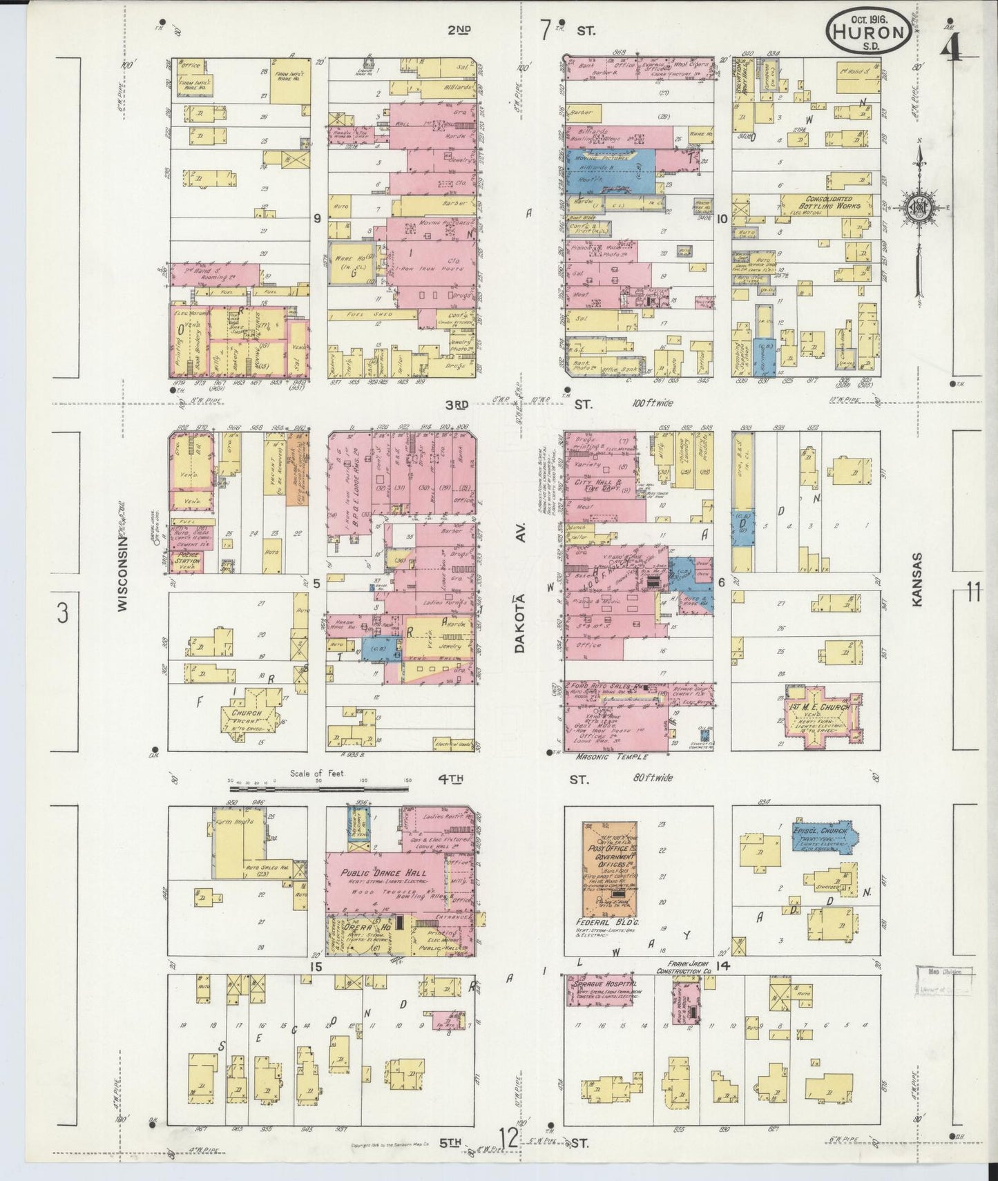 Sanborn Fire Insurance Map from Huron, Beadle County, South Dakota (1916), Sheet #0004 - Historic Sanborn Fire Insurance Map Print, vintage old map wall art, antique decor, genealogy gift, South Dakota South Dakota map
